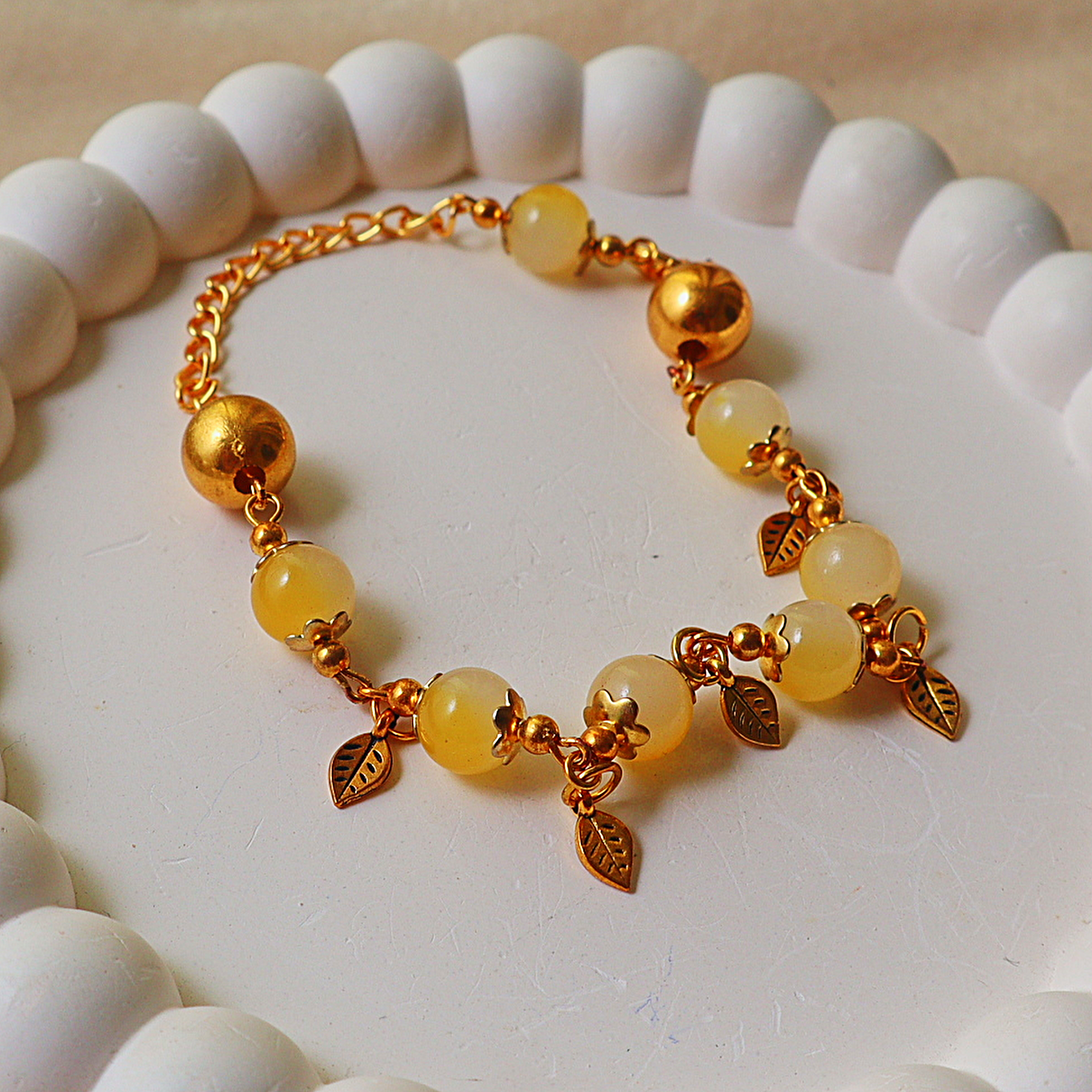 Glass Bead Bracelet – Gold Leaf Charms, Flower Bead Caps & Chain Extension
