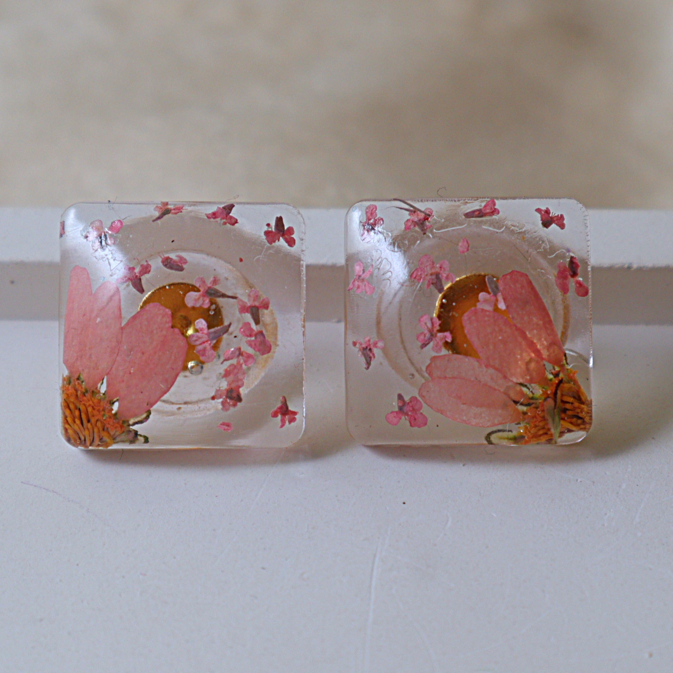 Real Pressed Pink Flower Square Resin Stud Earrings | Handcrafted Clear Botanical Statement Studs