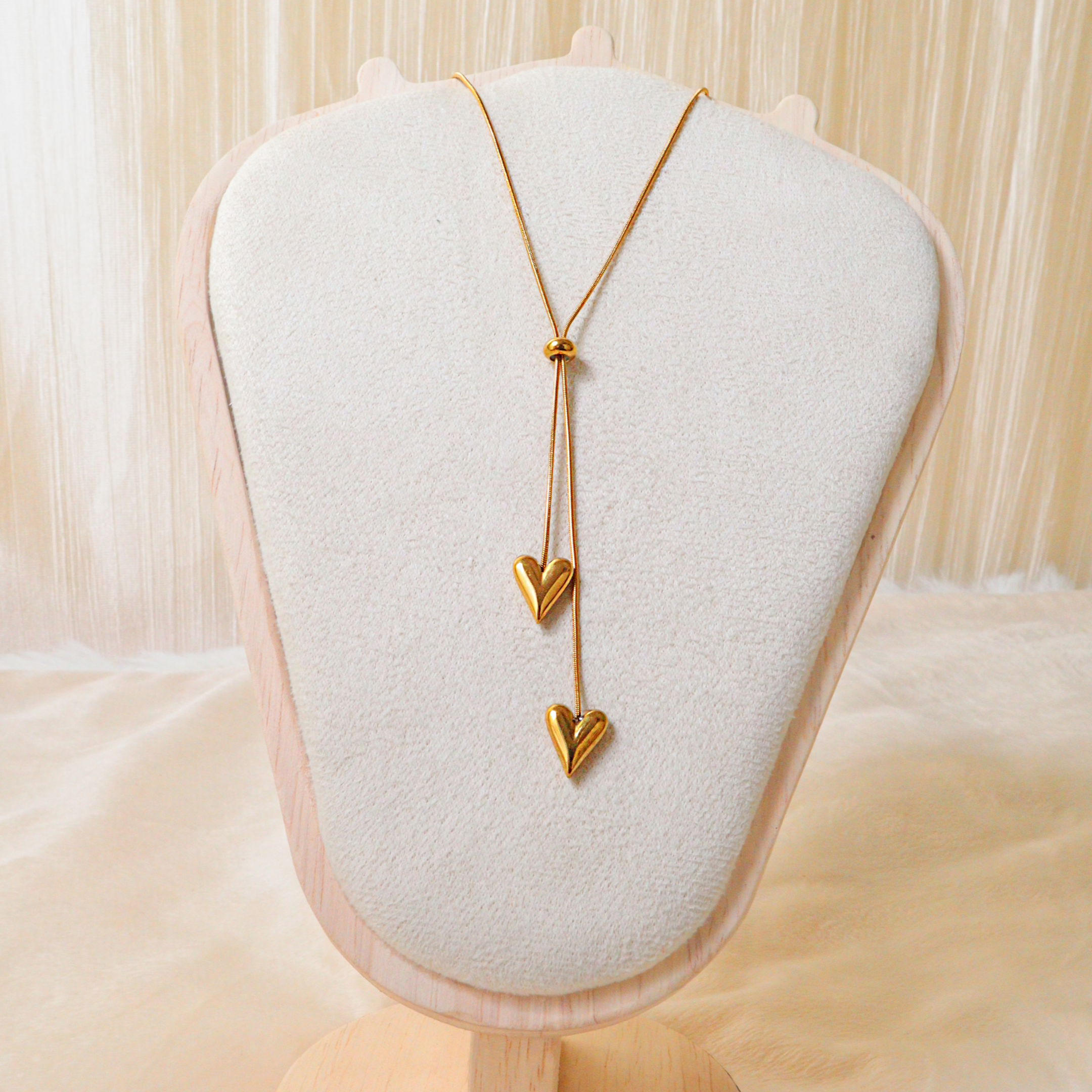 Dainty Gold Dual Puff Heart Charm Necklace – Anti-Tarnish Waterproof Jewelry