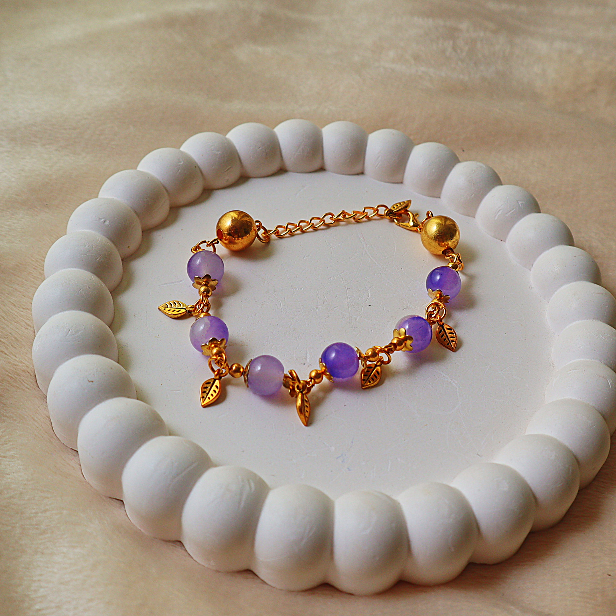 Glass Bead Bracelet – Gold Leaf Charms, Flower Bead Caps & Chain Extension