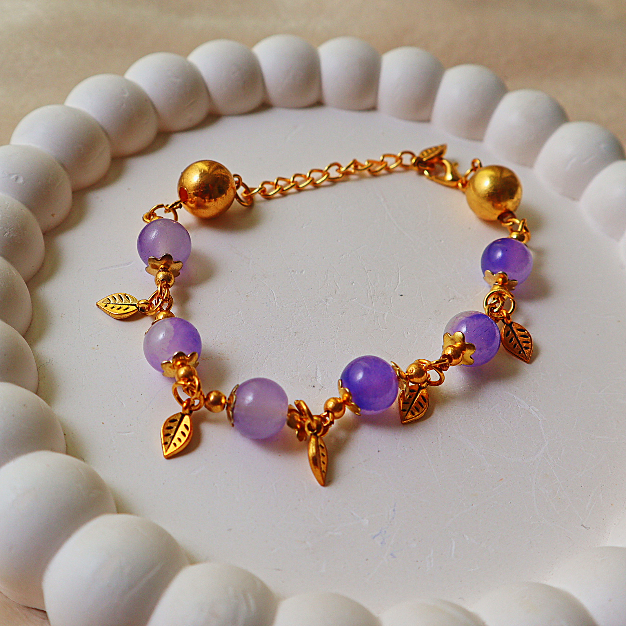 Glass Bead Bracelet – Gold Leaf Charms, Flower Bead Caps & Chain Extension