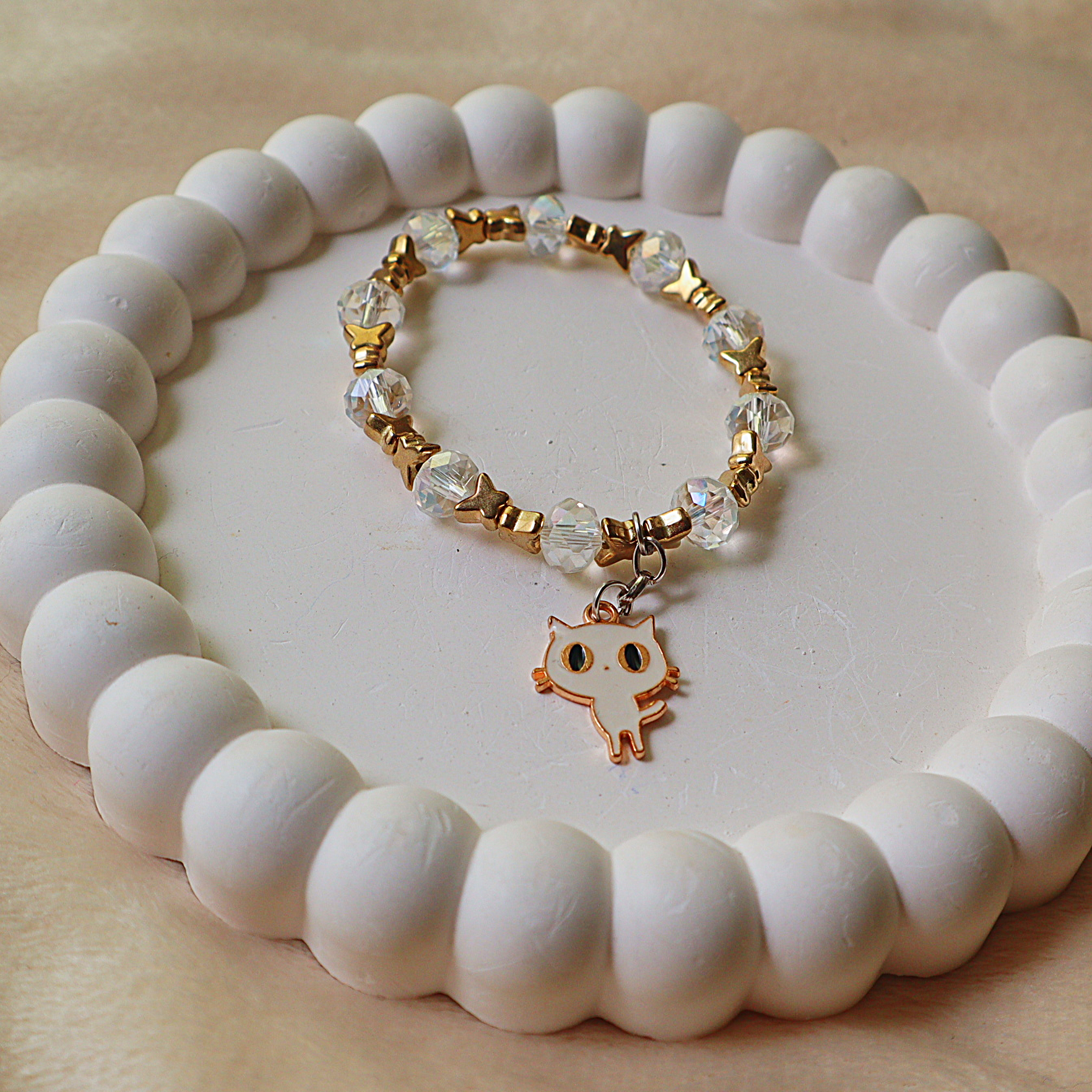 Cute Kitty Enamel Charm Bracelet – Faceted Clear AB Crystal Beads with Gold Star Spacers