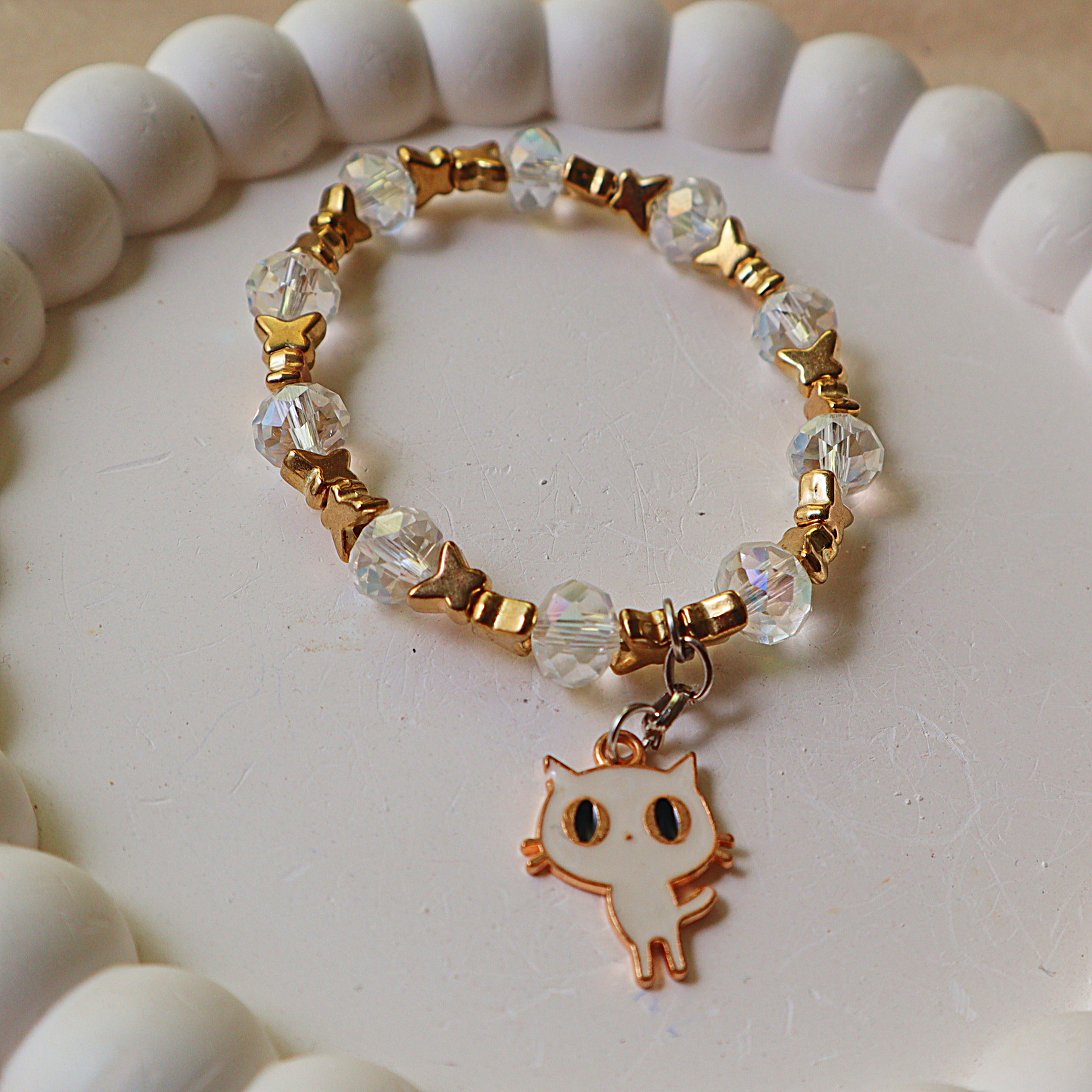 Cute Kitty Enamel Charm Bracelet – Faceted Clear AB Crystal Beads with Gold Star Spacers