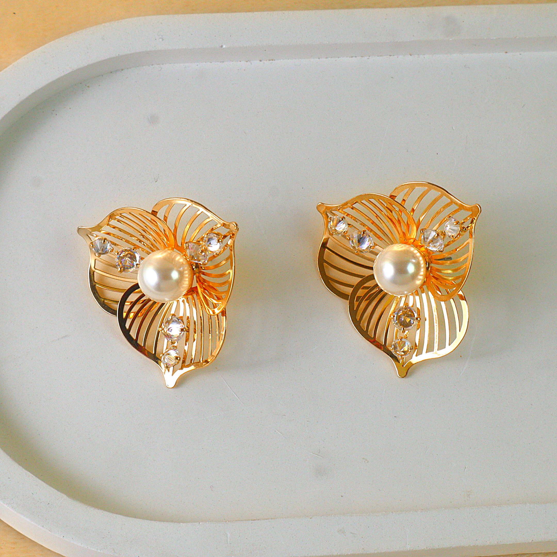 Gold Pearl Flower Anti Tarnish Stud Earrings
