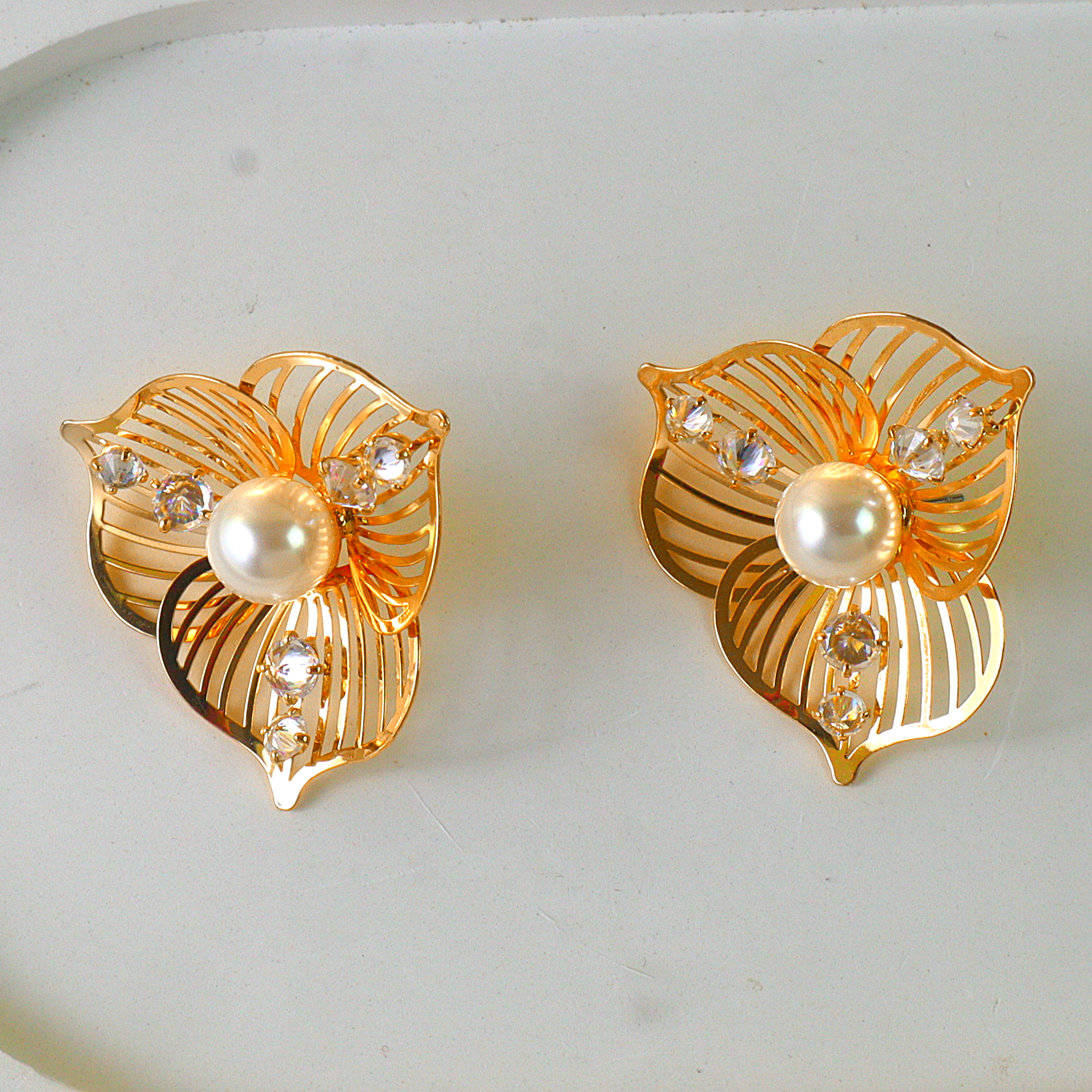 Gold Pearl Flower Anti Tarnish Stud Earrings