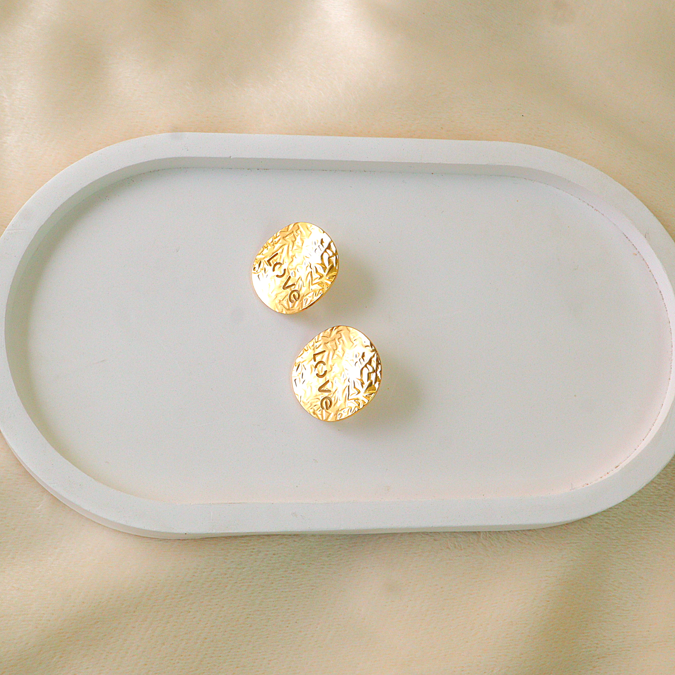 Golden "LOVE" Textured Disc Anti Tarnish Earrings