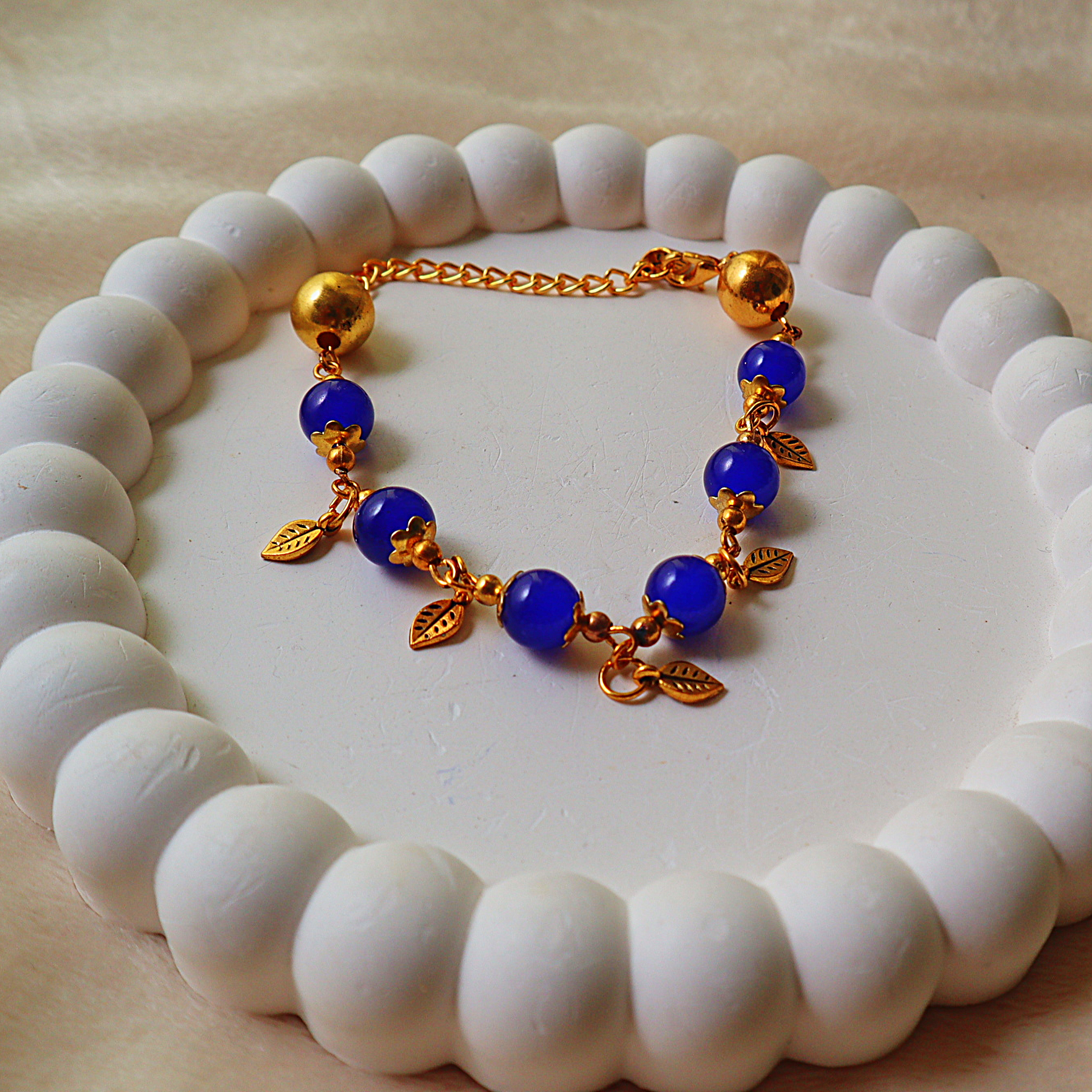 Glass Bead Bracelet – Gold Leaf Charms, Flower Bead Caps & Chain Extension