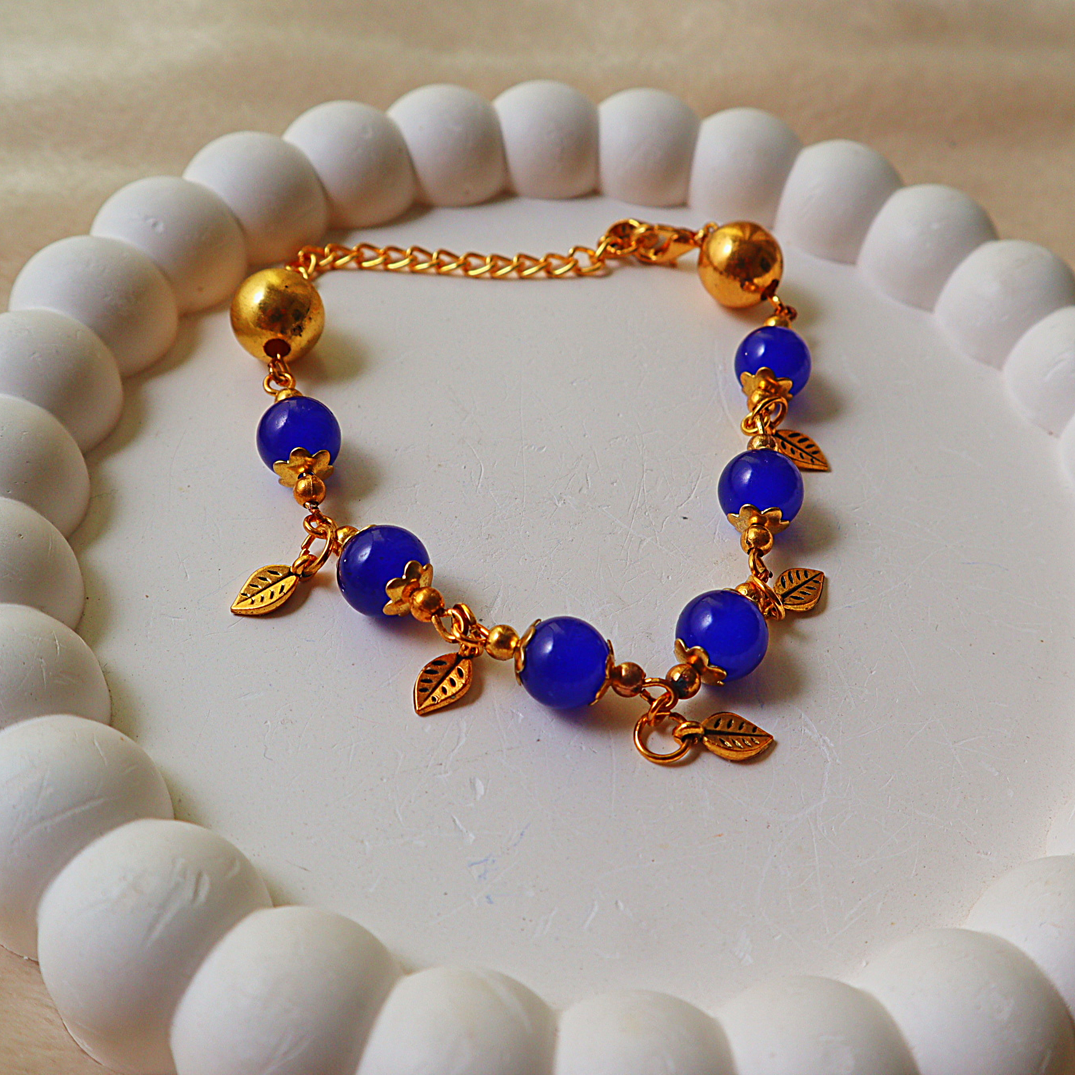 Glass Bead Bracelet – Gold Leaf Charms, Flower Bead Caps & Chain Extension
