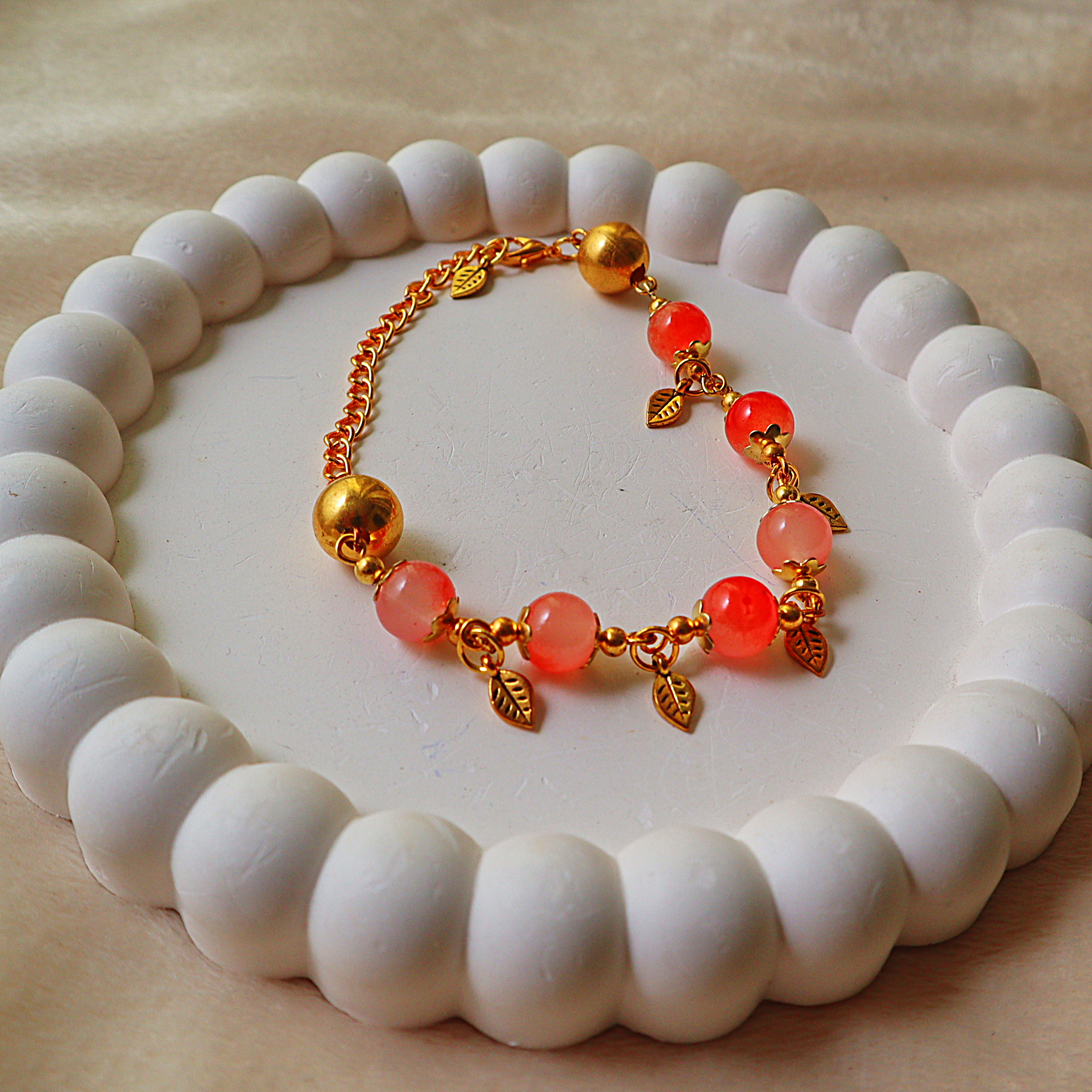 Glass Bead Bracelet – Gold Leaf Charms, Flower Bead Caps & Chain Extension