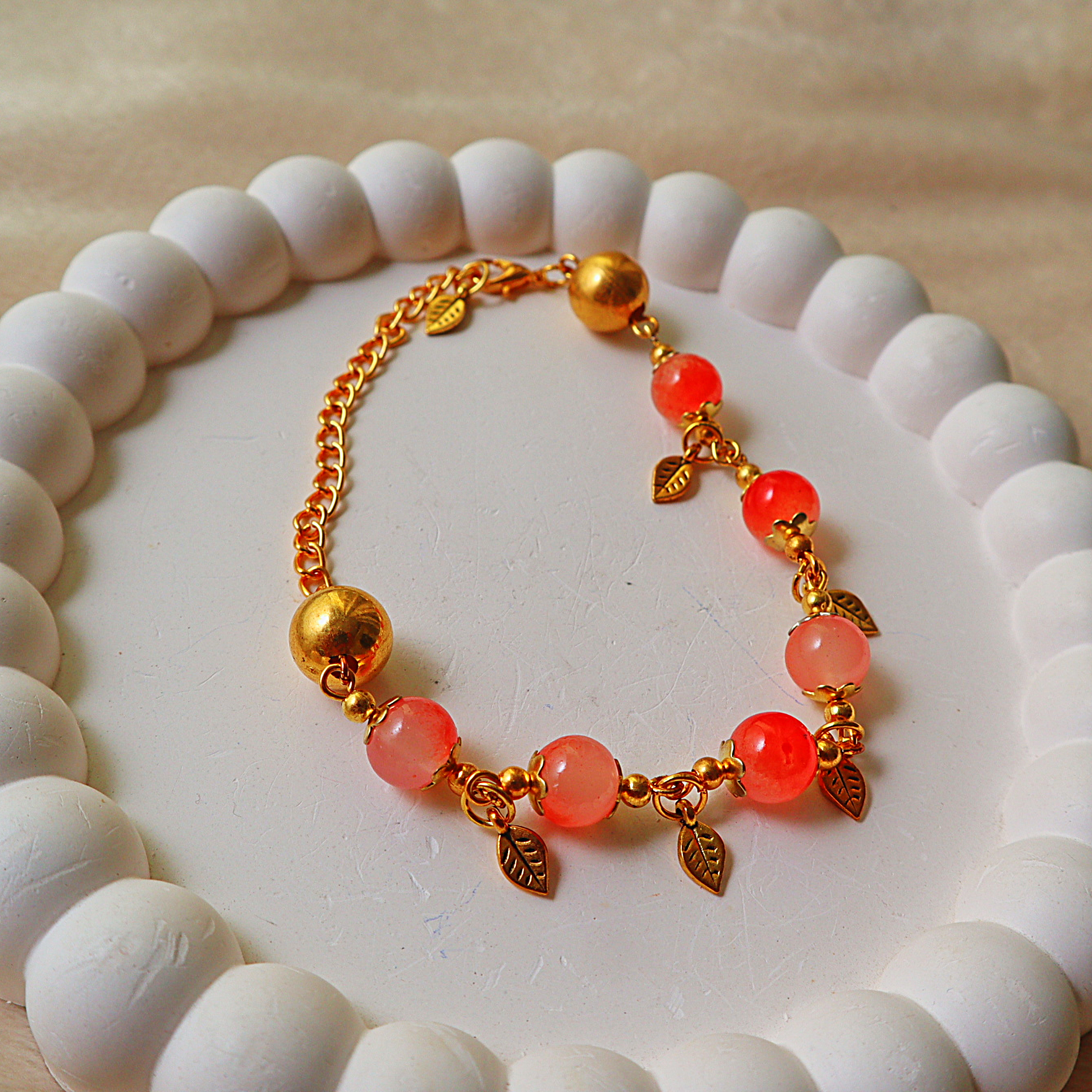 Glass Bead Bracelet – Gold Leaf Charms, Flower Bead Caps & Chain Extension