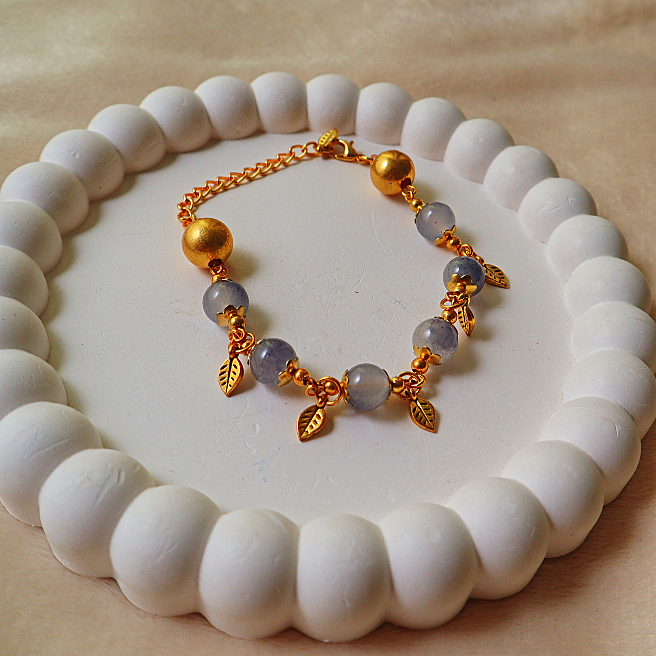 Glass Bead Bracelet – Gold Leaf Charms, Flower Bead Caps & Chain Extension