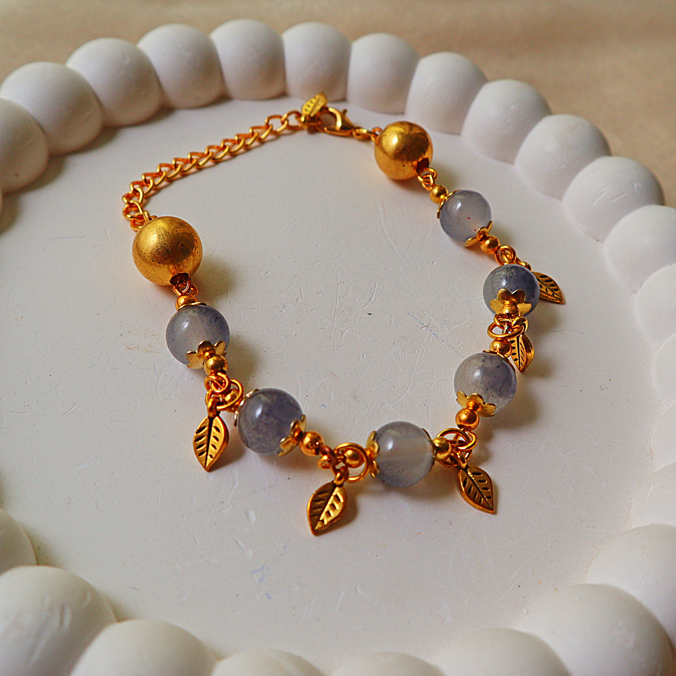 Glass Bead Bracelet – Gold Leaf Charms, Flower Bead Caps & Chain Extension