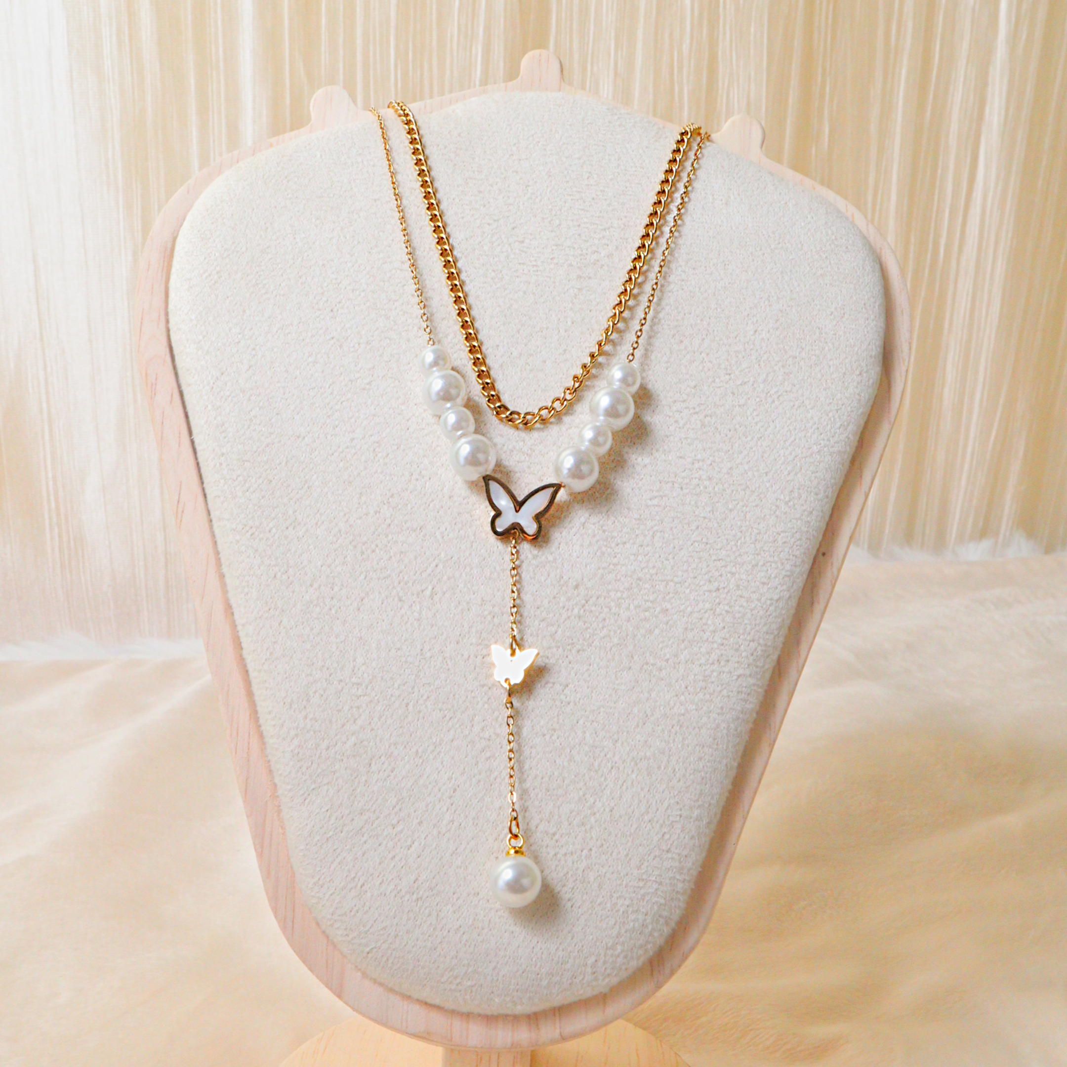 18K Gold Plated Multi-Strand Butterfly Pearl Necklace – Waterproof Daily Wear Jewelry