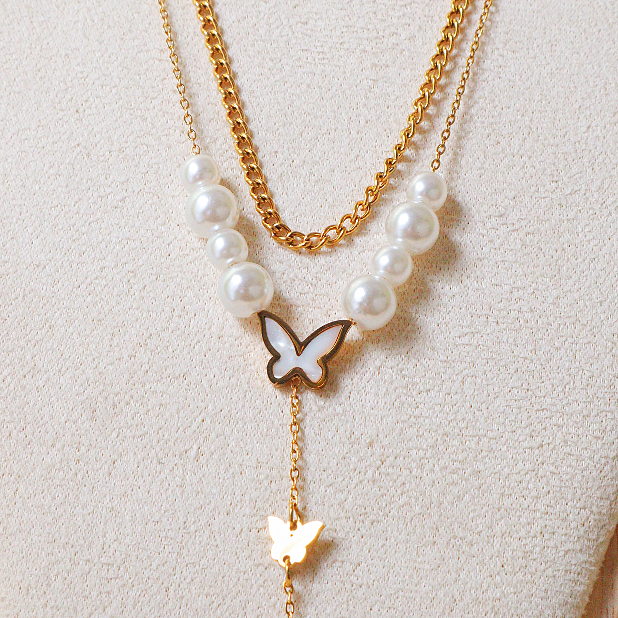 18K Gold Plated Multi-Strand Butterfly Pearl Necklace – Waterproof Daily Wear Jewelry