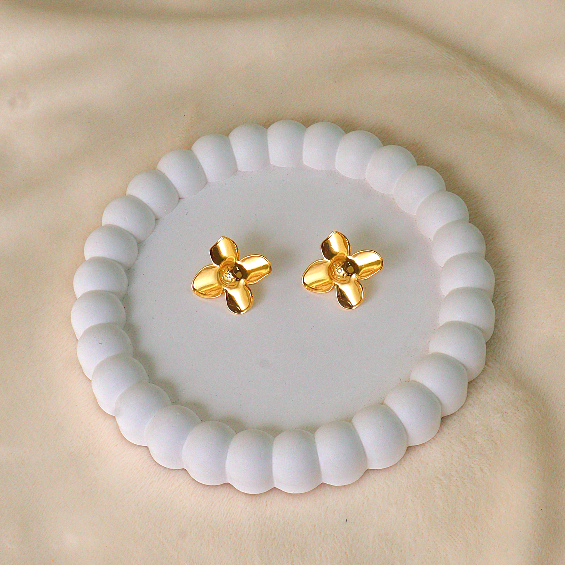 Gold Four Petal Flower Anti Tarnish Stud Earrings
