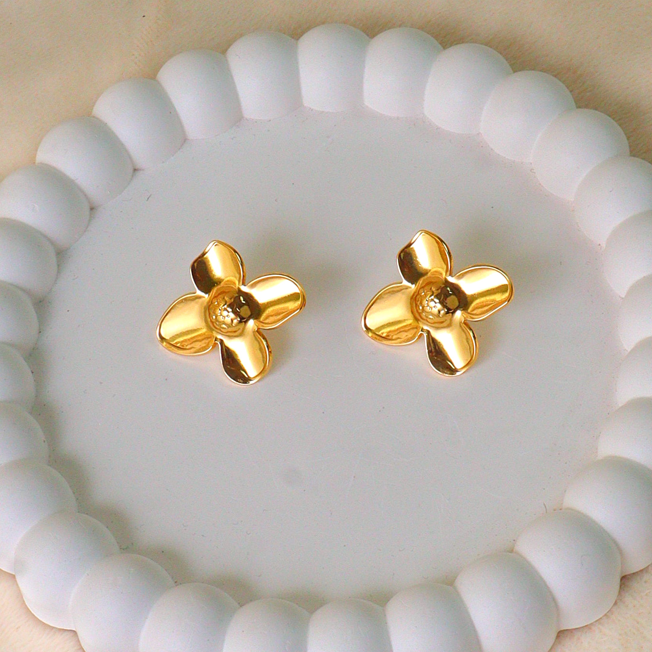 Gold Four Petal Flower Anti Tarnish Stud Earrings