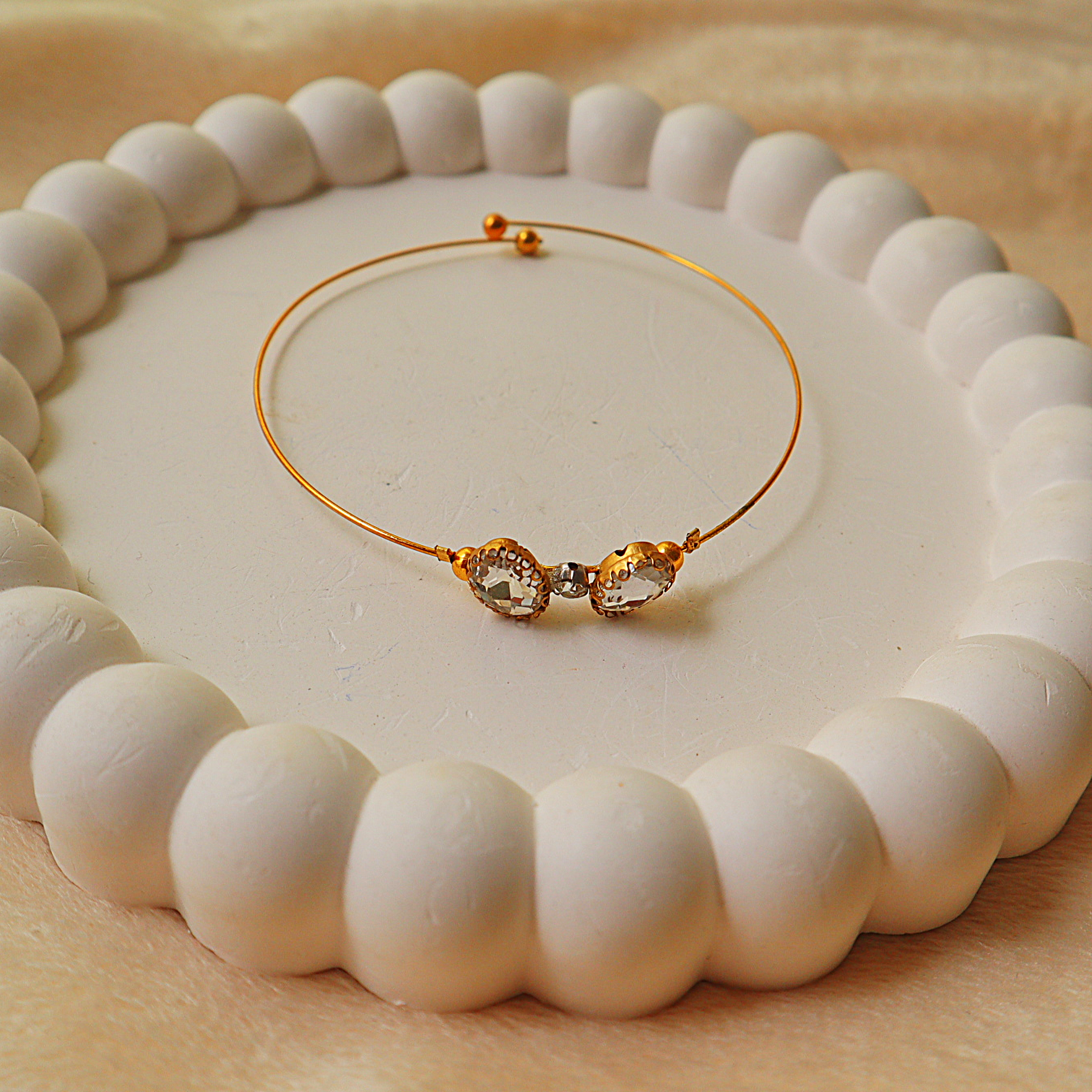 Clear Crystal Butterfly Wire Cuff Bracelet – Gold Memory Bangle with Oval Rhinestone Wings