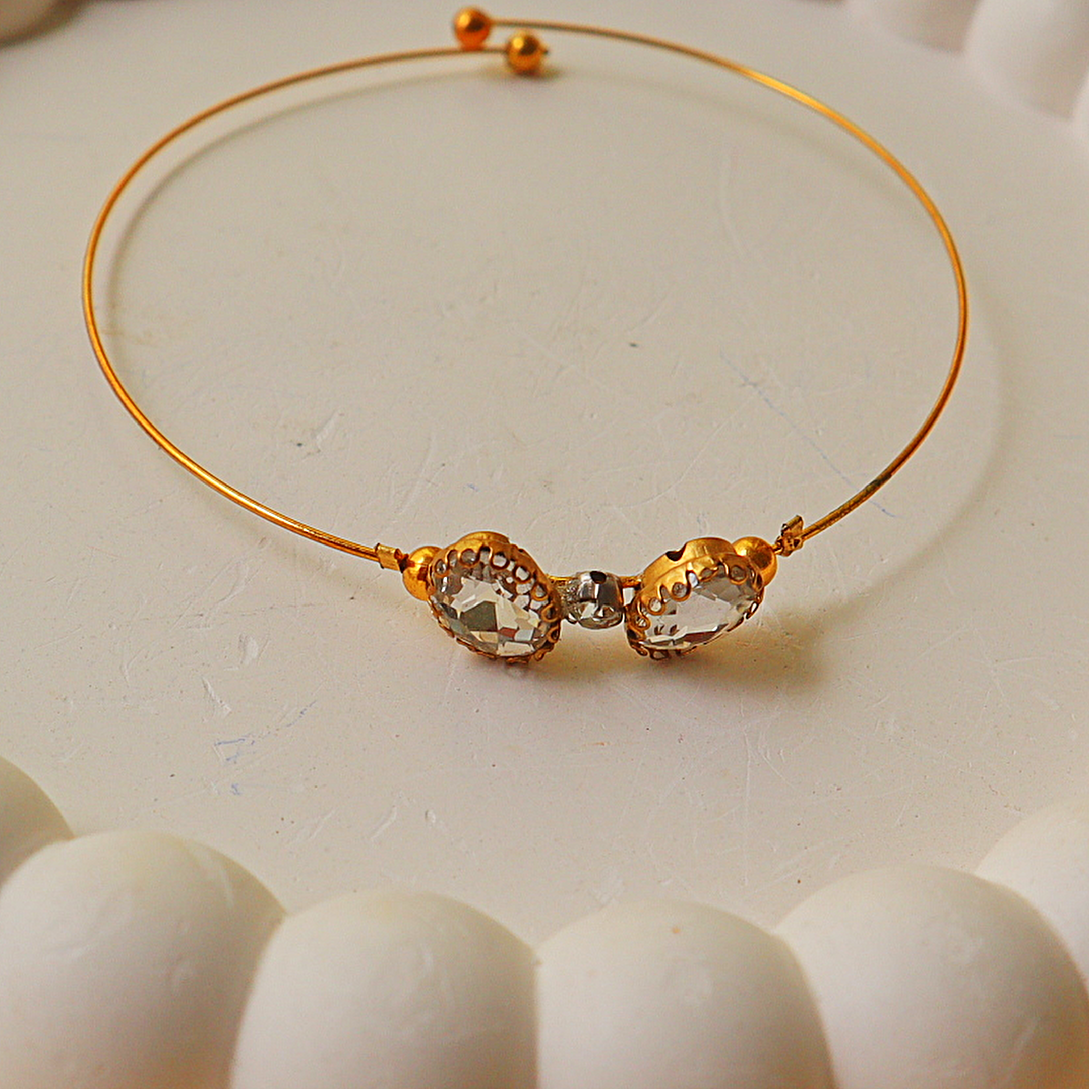 Clear Crystal Butterfly Wire Cuff Bracelet – Gold Memory Bangle with Oval Rhinestone Wings