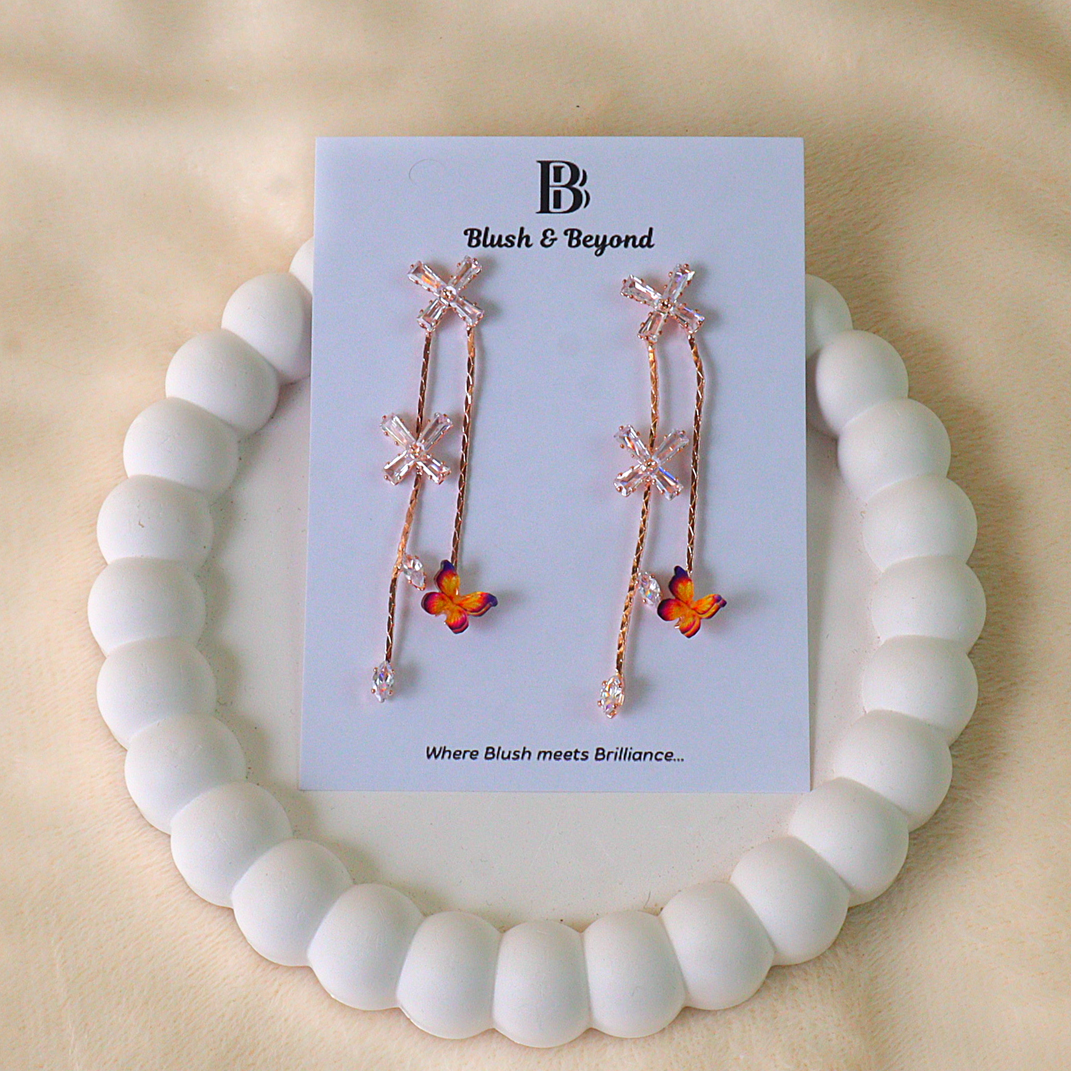 Asymmetric Dual Strand Charm Dangle Earrings with Butterfly Accent
