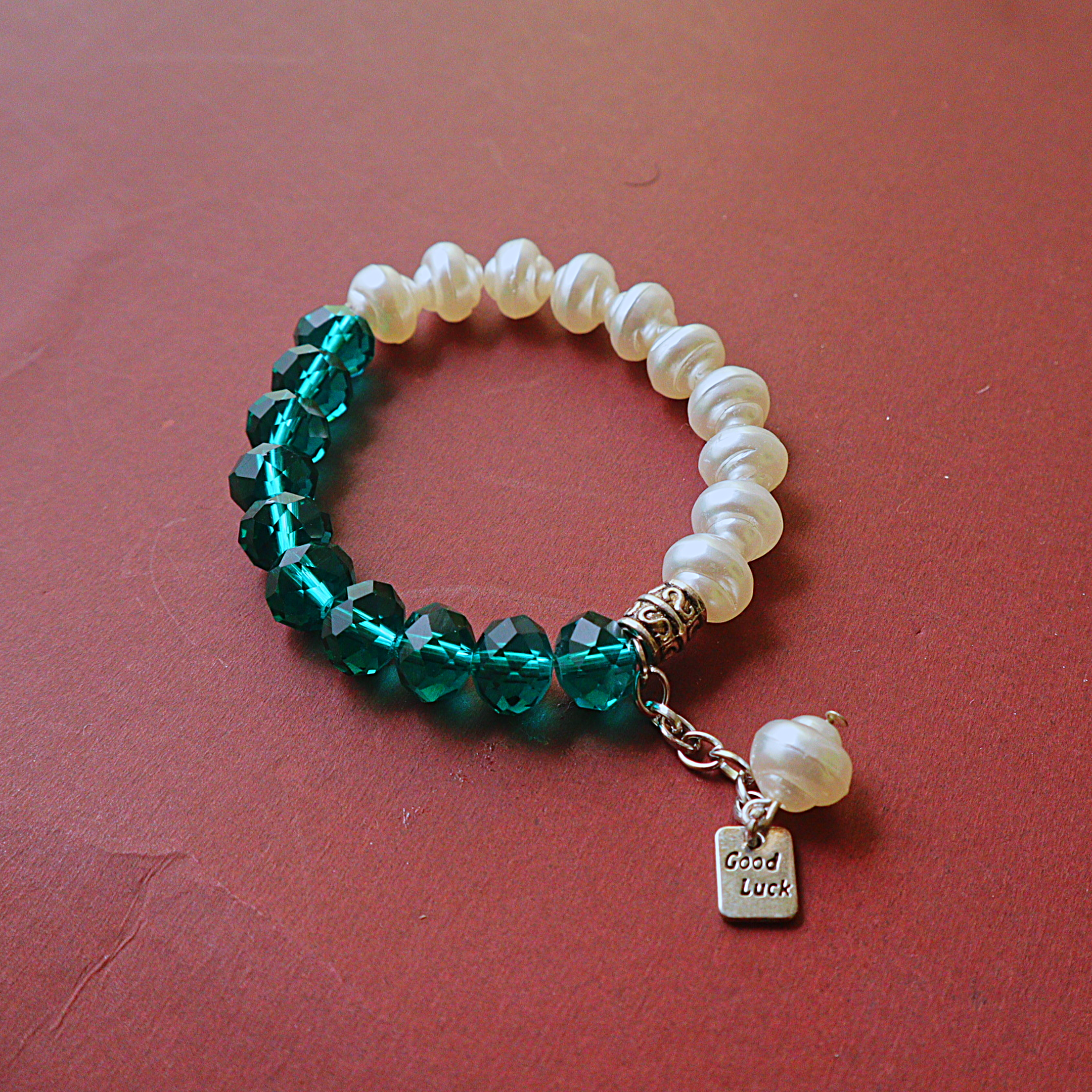Handmade Emerald Green Crystal & Freshwater Pearl Bead Bracelet with Good Luck Charm