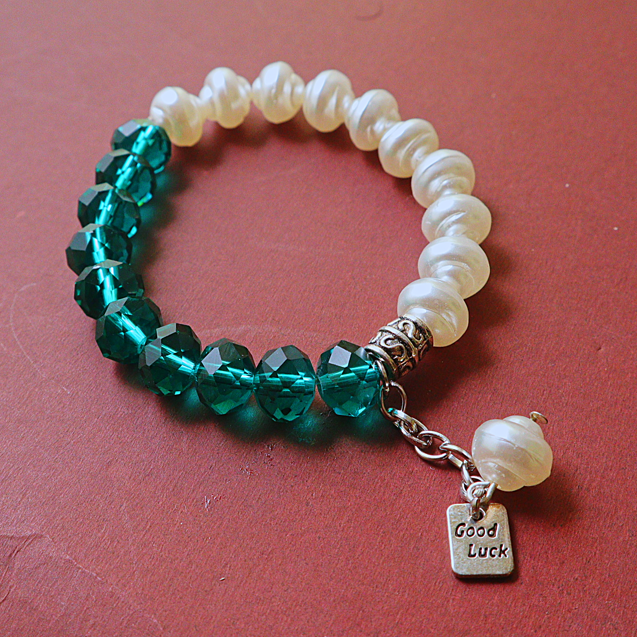 Handmade Emerald Green Crystal & Freshwater Pearl Bead Bracelet with Good Luck Charm