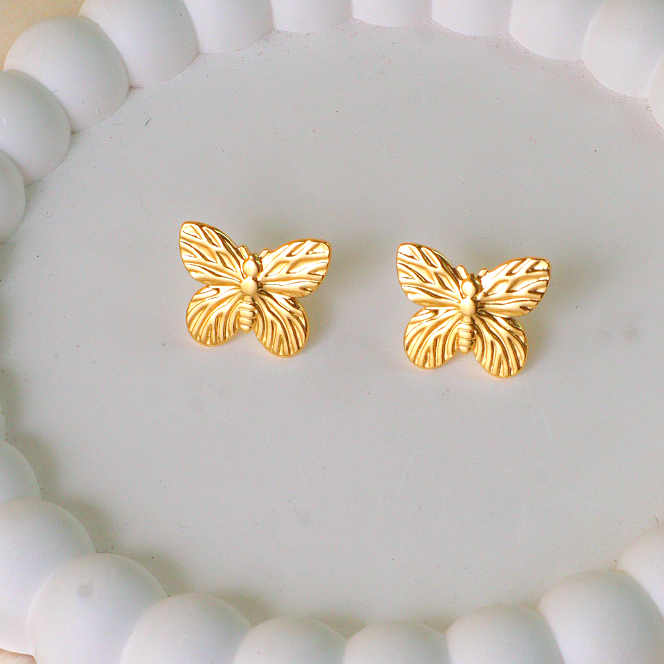 Gold Textured Dainty Butterfly Anti Tarnish Stud Earrings