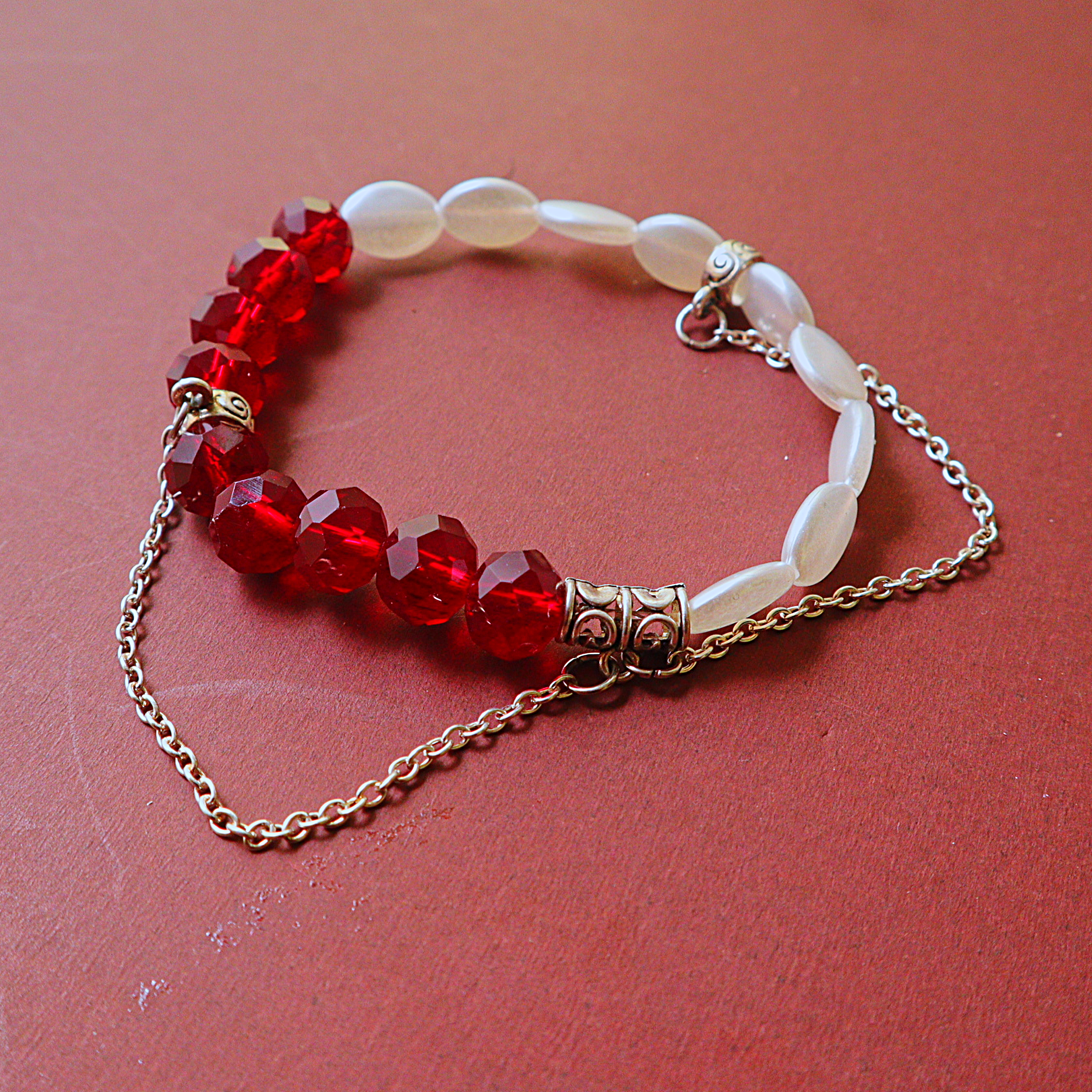 Handmade Ruby Red Crystal & Pearl Bead Bracelet with Draped Silver Chain
