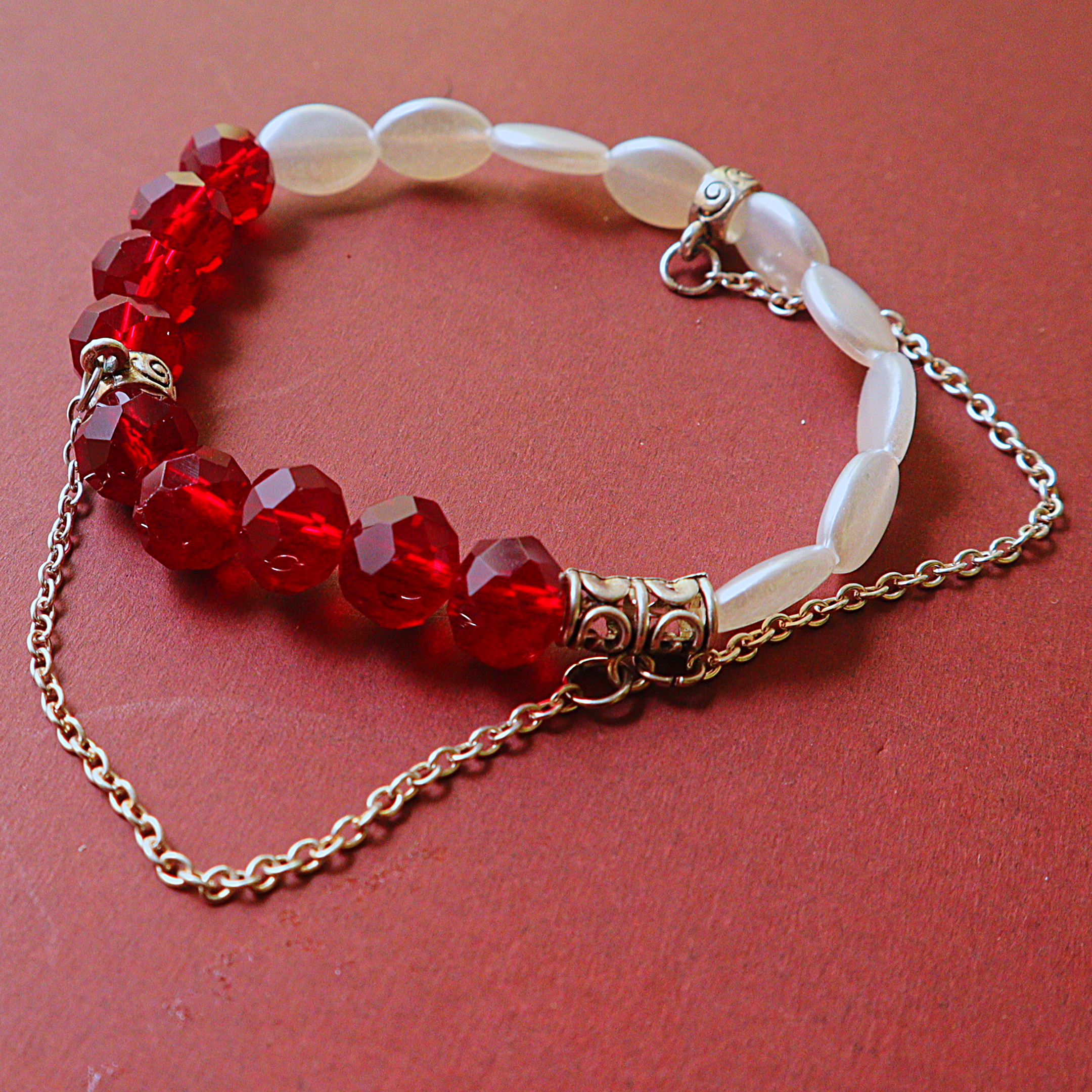 Handmade Ruby Red Crystal & Pearl Bead Bracelet with Draped Silver Chain