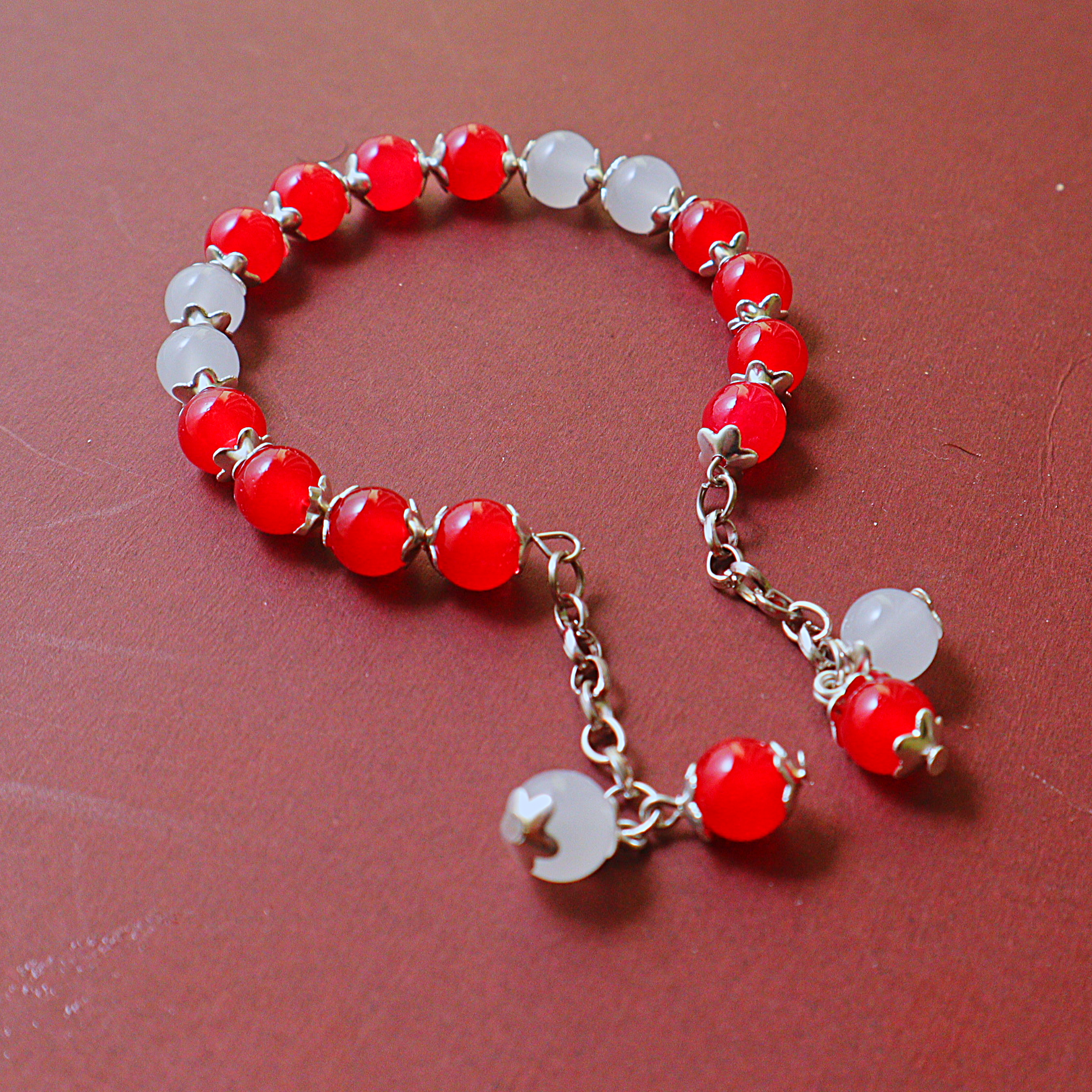 Handmade Cherry Red & Milky White Glass Bead Bracelet with Silver Flower Caps