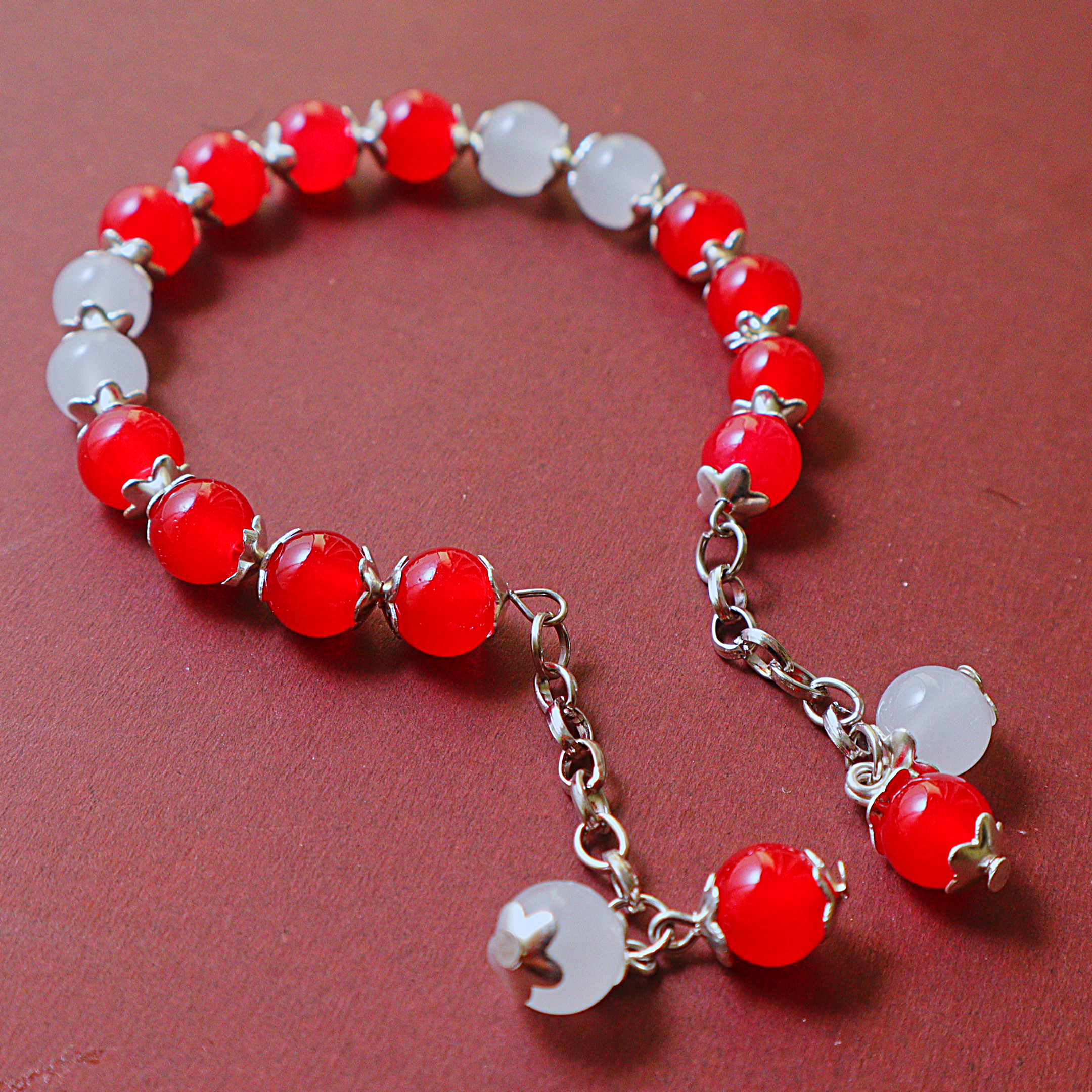 Handmade Cherry Red & Milky White Glass Bead Bracelet with Silver Flower Caps