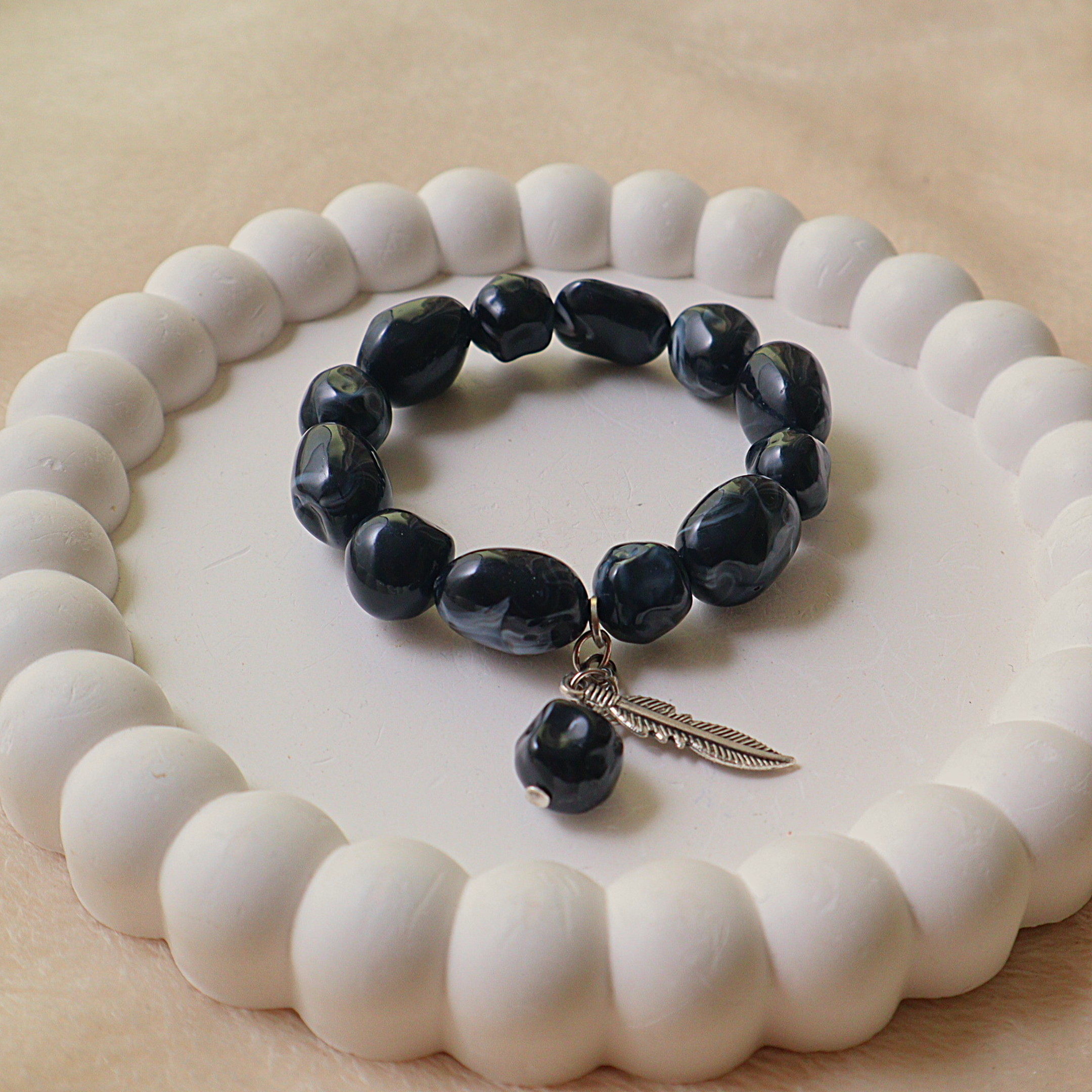 Black Obsidian Style Stone Bead Bracelet with Feather Charm | Boho Jewelry