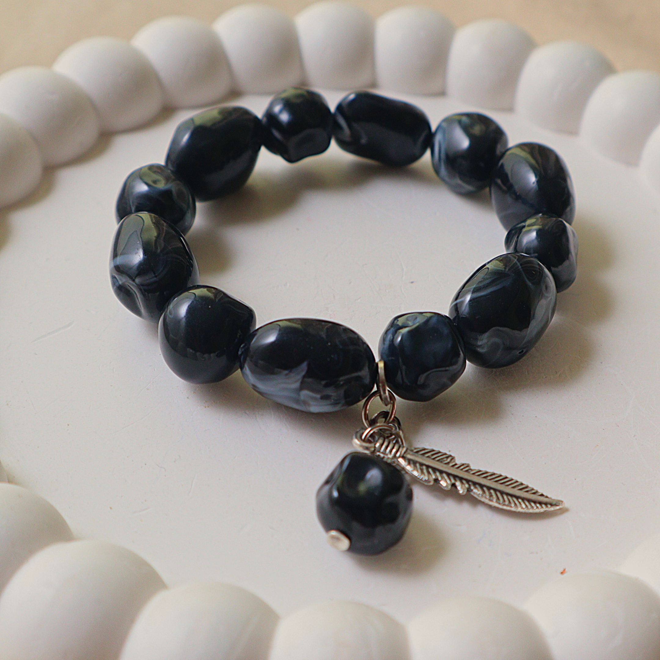Black Obsidian Style Stone Bead Bracelet with Feather Charm | Boho Jewelry