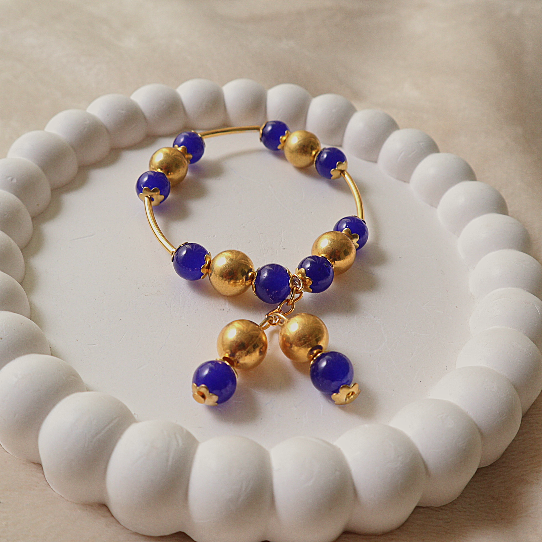 Handmade Royal Blue Glass Bead Cuff Bracelet with Gold Accent Spheres