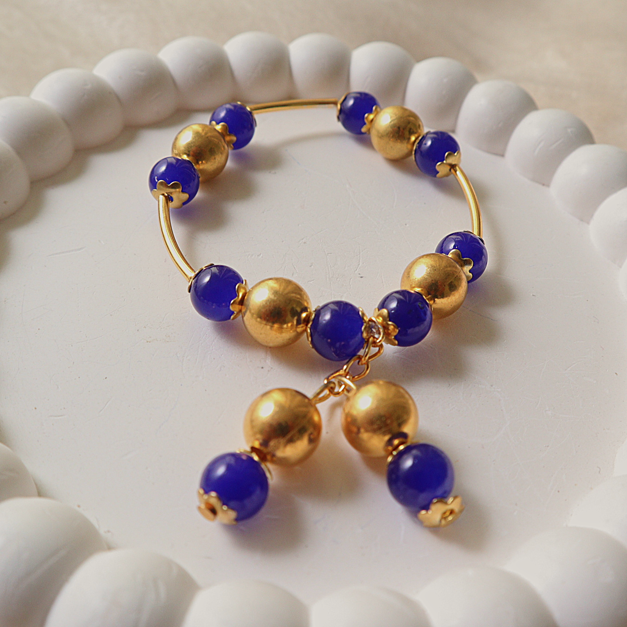 Handmade Royal Blue Glass Bead Cuff Bracelet with Gold Accent Spheres