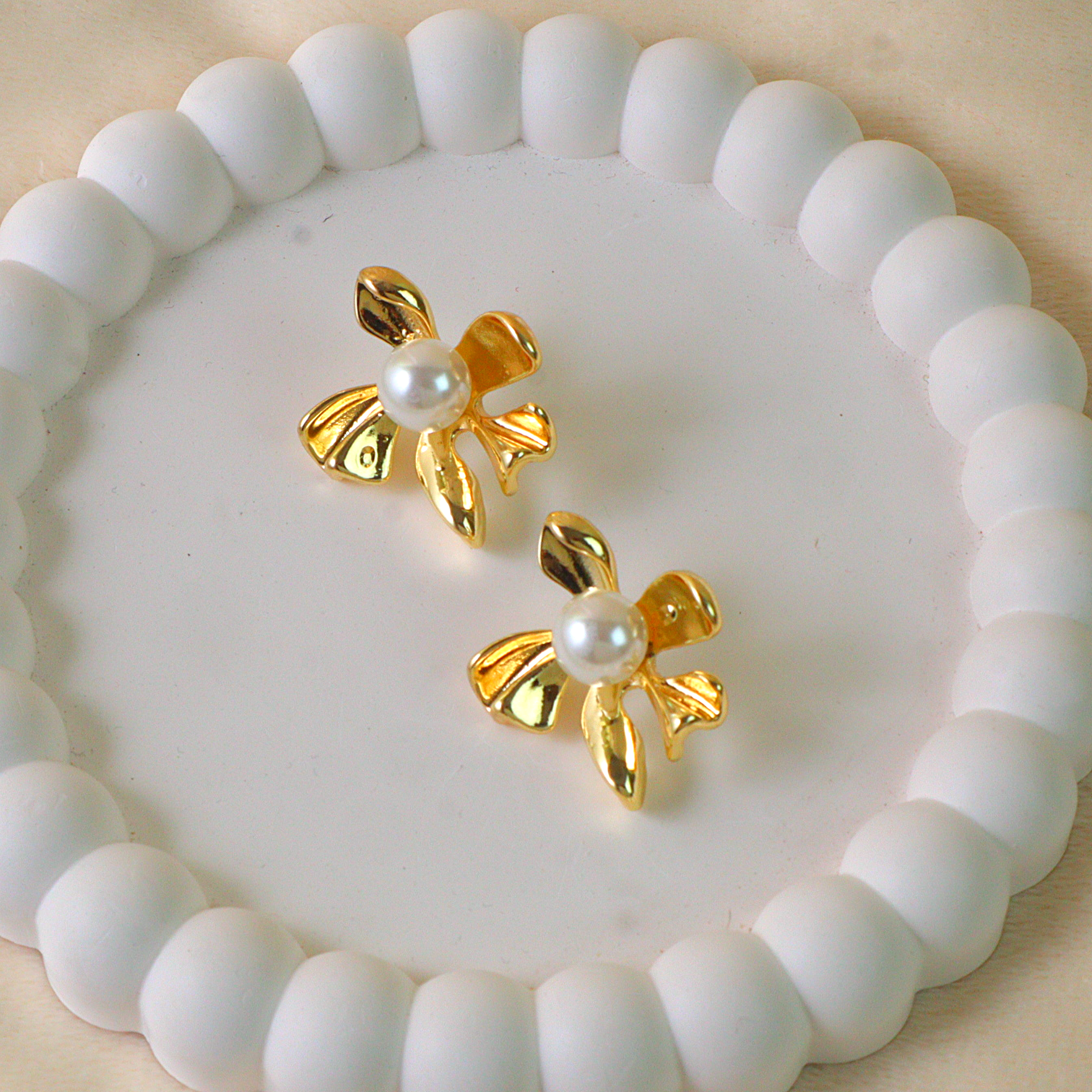 Gold Floral Pearl Anti Tarnish Stud Earrings