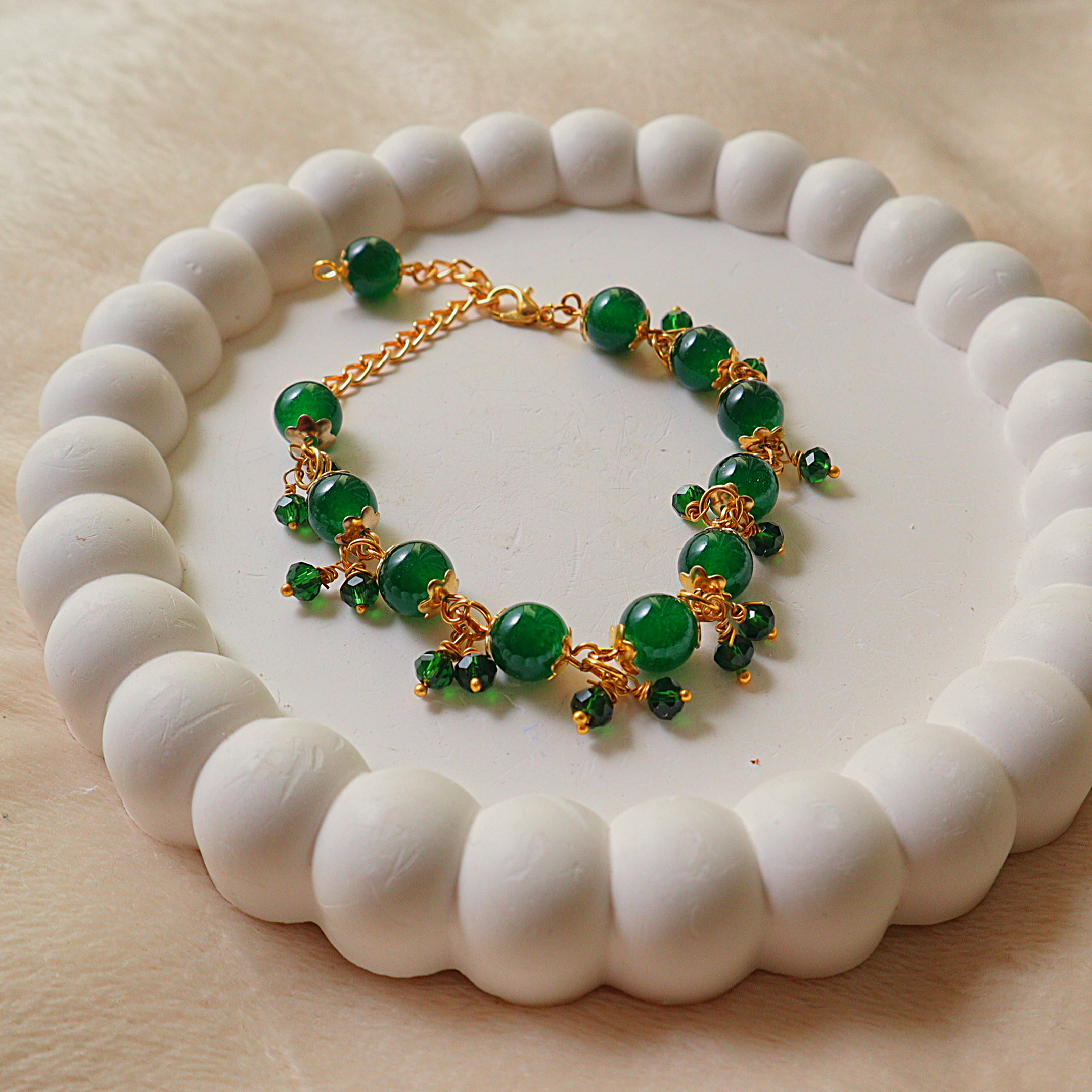 Handmade Emerald Green Glass Bead & Gold Link Bracelet with Crystal Dangles