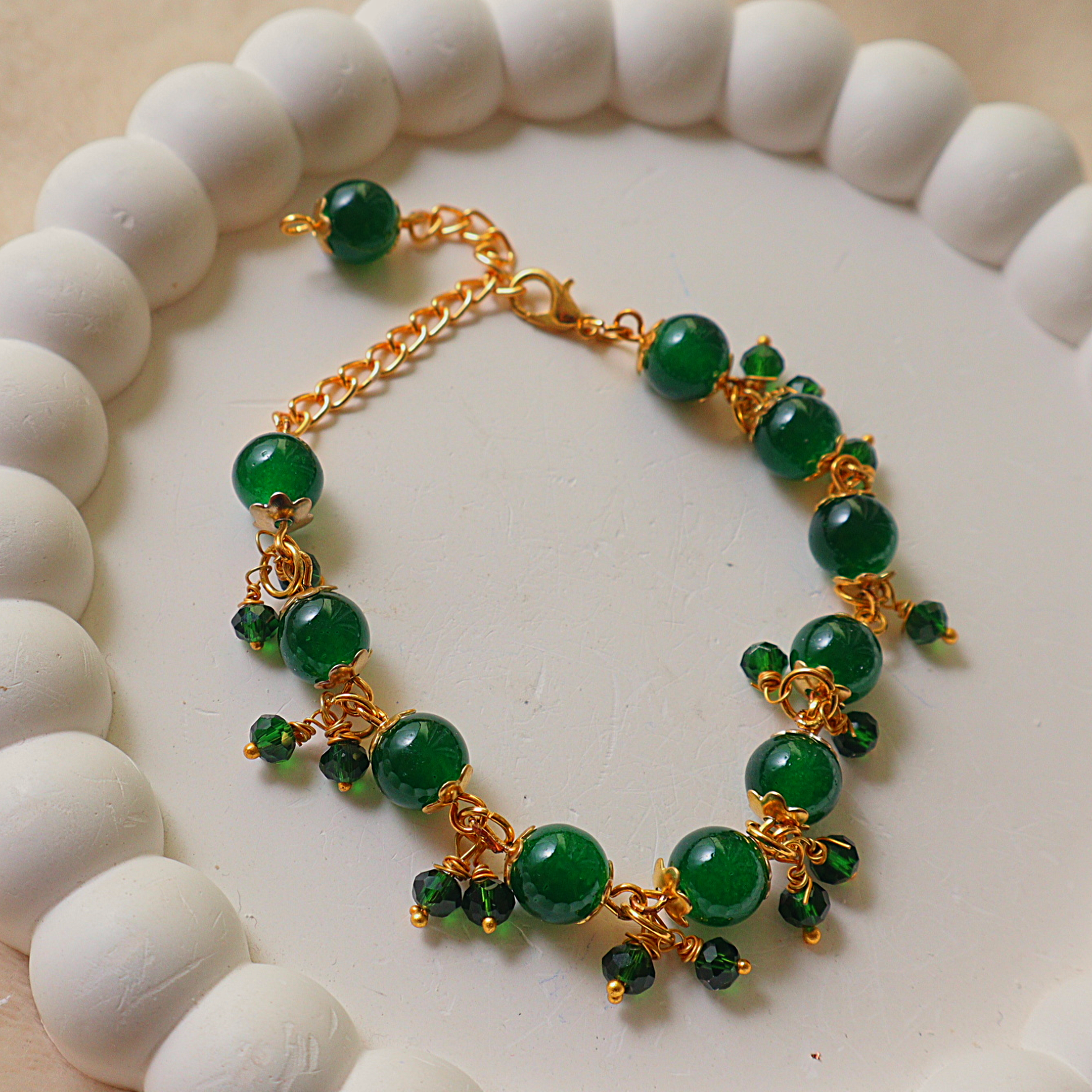 Handmade Emerald Green Glass Bead & Gold Link Bracelet with Crystal Dangles