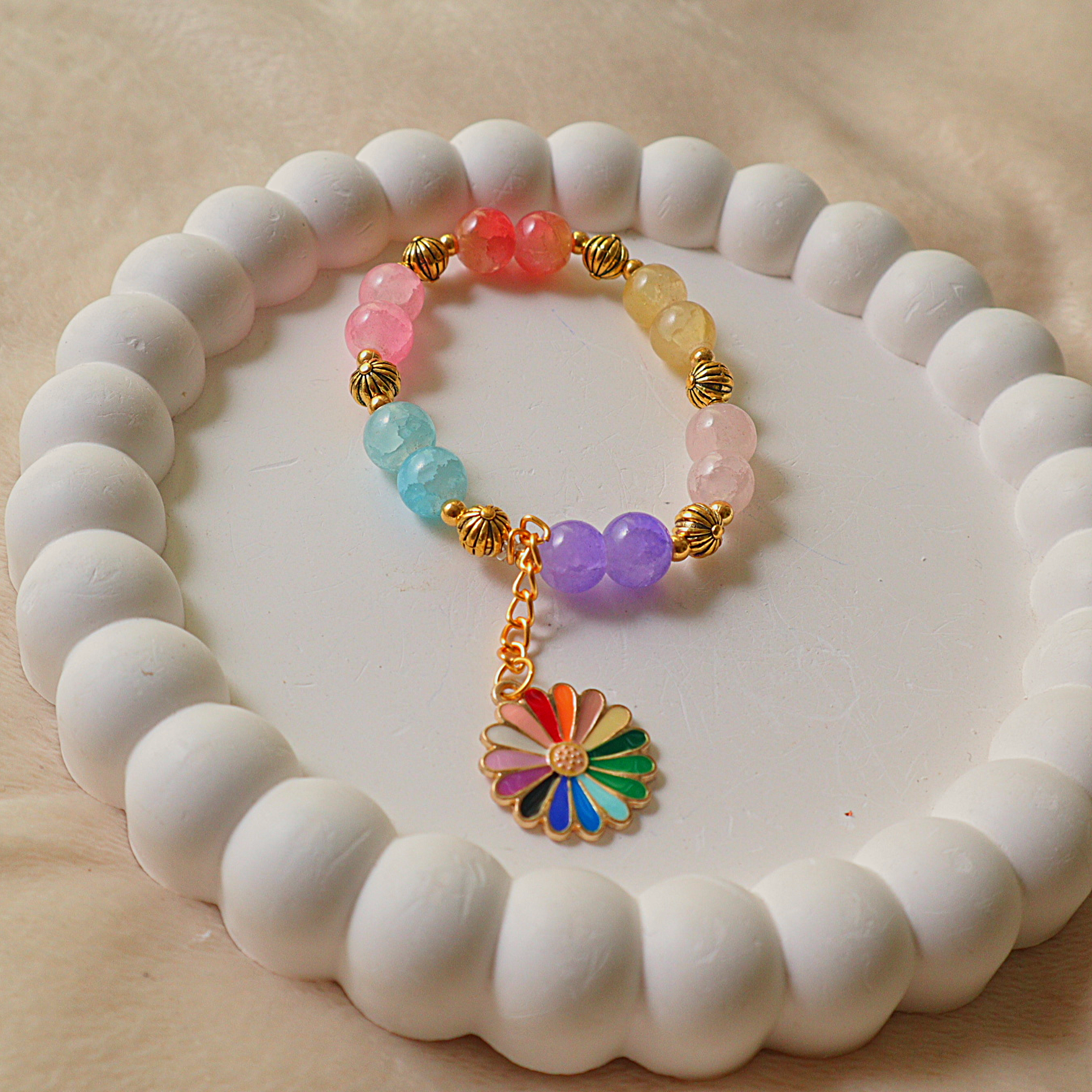 Handmade Rainbow Crackle Glass Bead Bracelet with Colorful Enamel Daisy Charm
