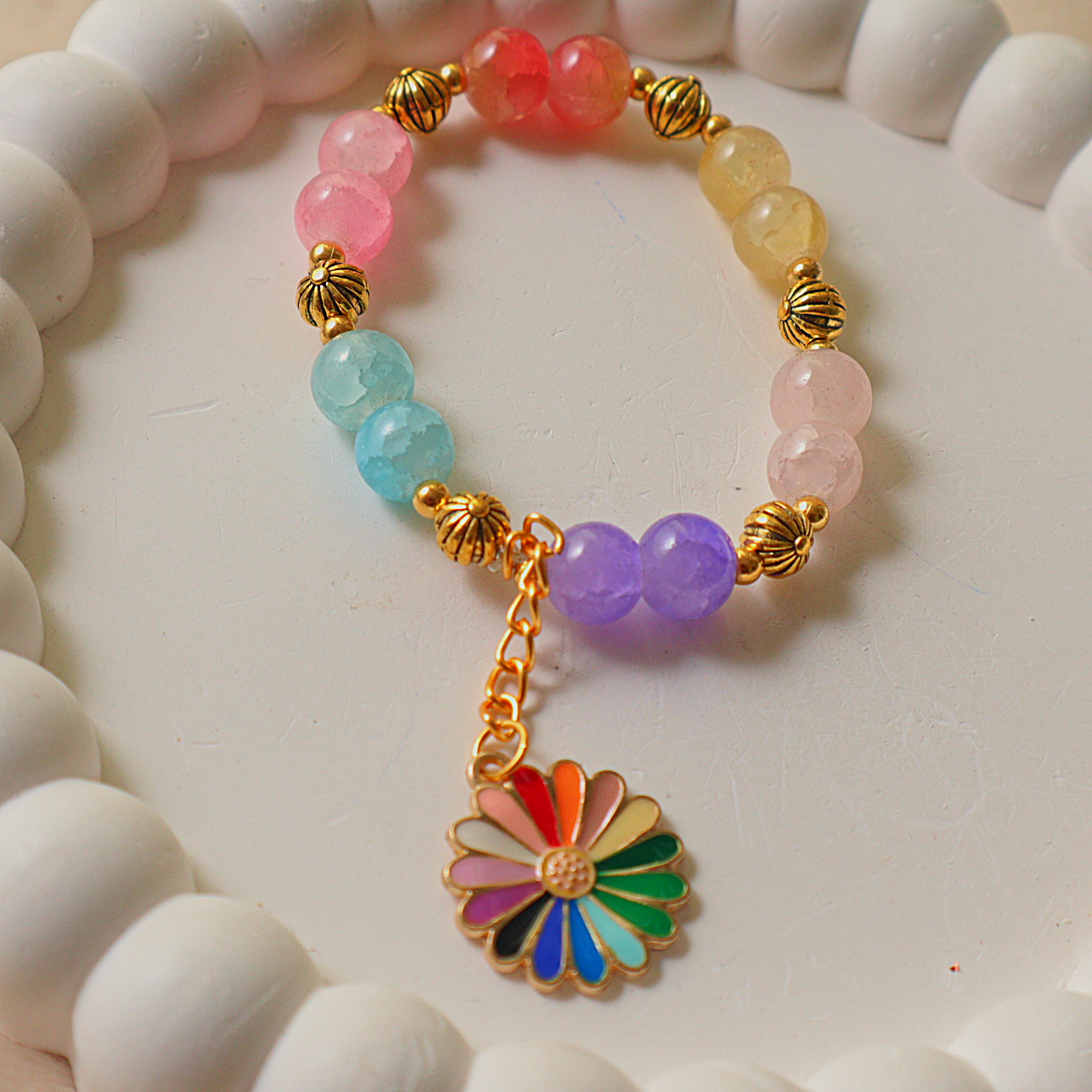 Handmade Rainbow Crackle Glass Bead Bracelet with Colorful Enamel Daisy Charm