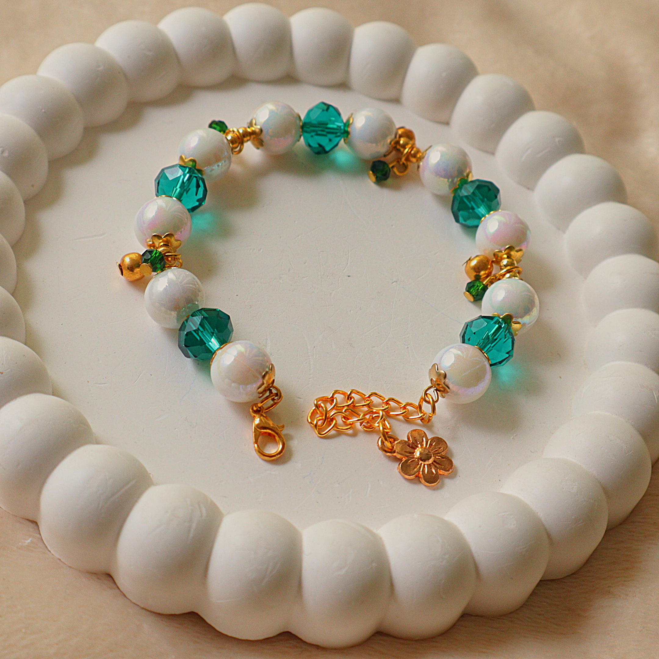 Iridescent White Pearl & Emerald Crystal Bead Bracelet with Gold Flower Charm