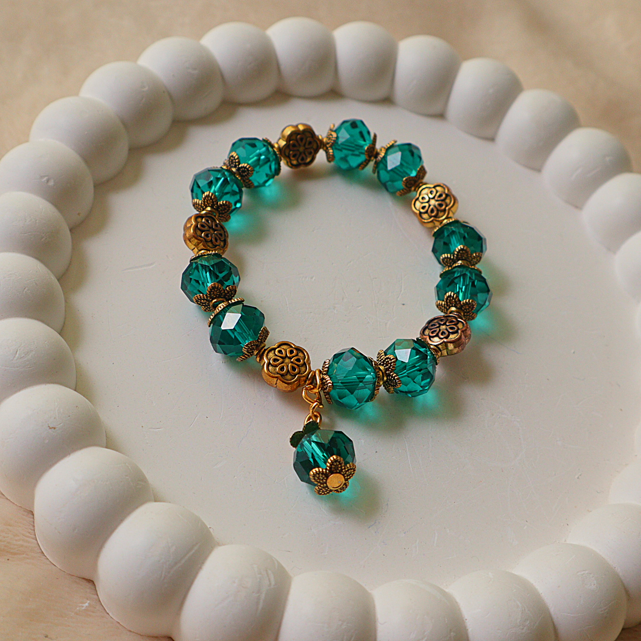 Teal Green Faceted Glass Crystal Bracelet with Antique Gold Spacers & Dangle Charm