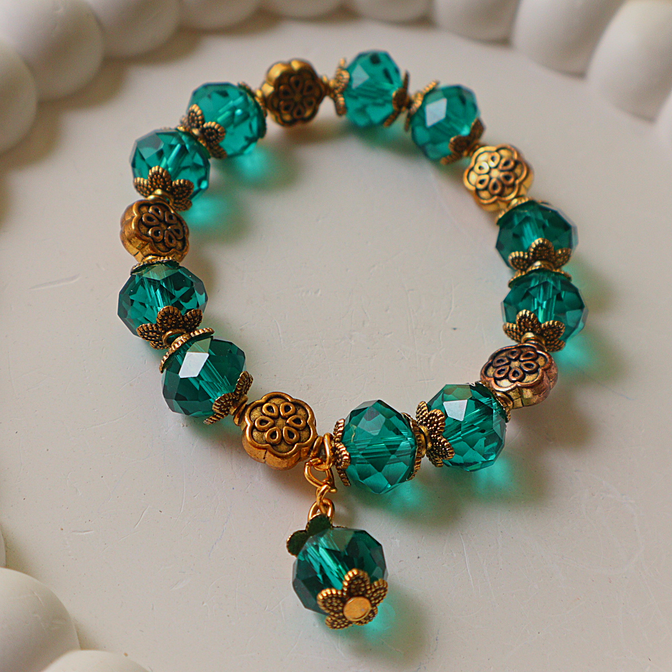 Teal Green Faceted Glass Crystal Bracelet with Antique Gold Spacers & Dangle Charm
