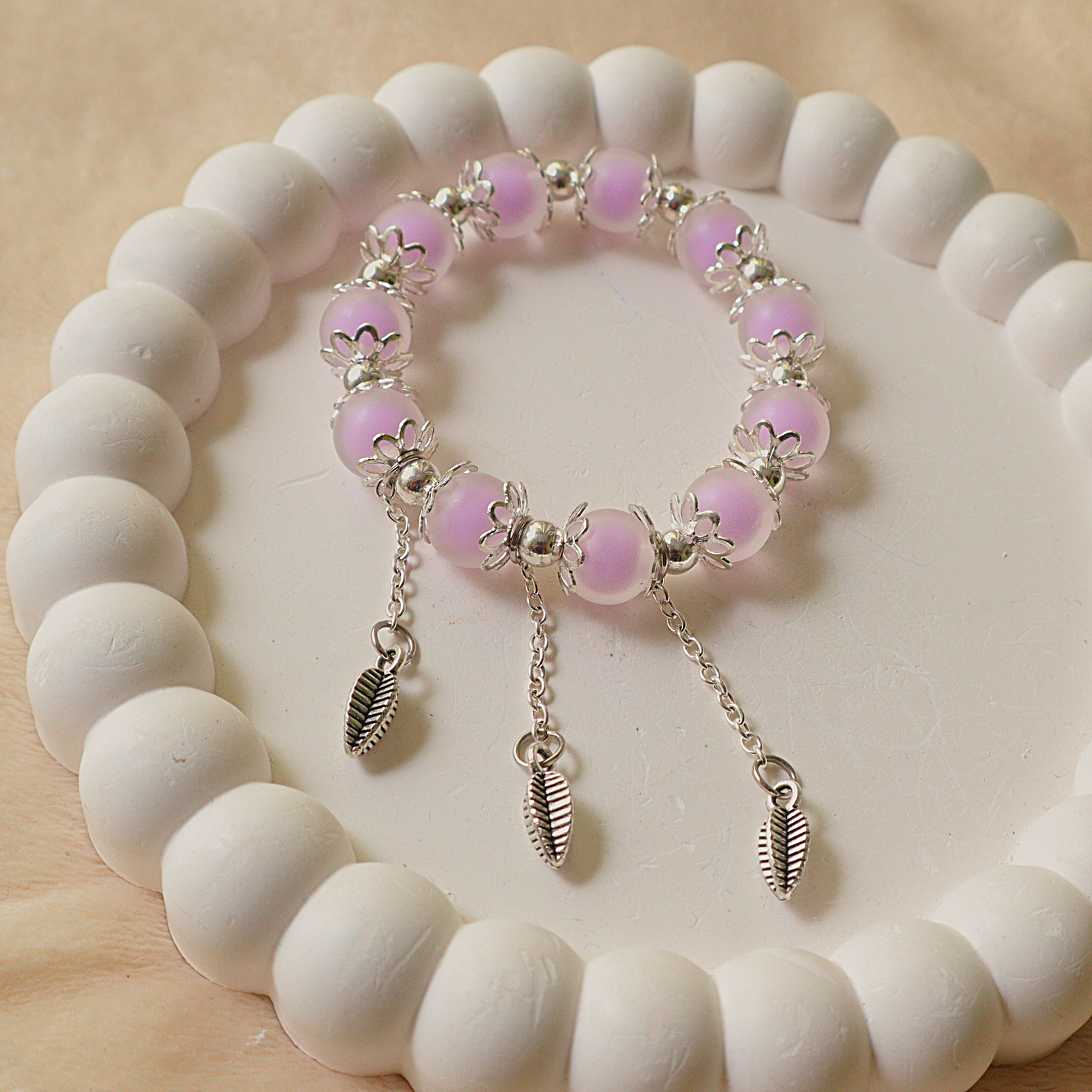 Handmade Frosted Lavender Glass Bead Bracelet with Silver Leaf Charms