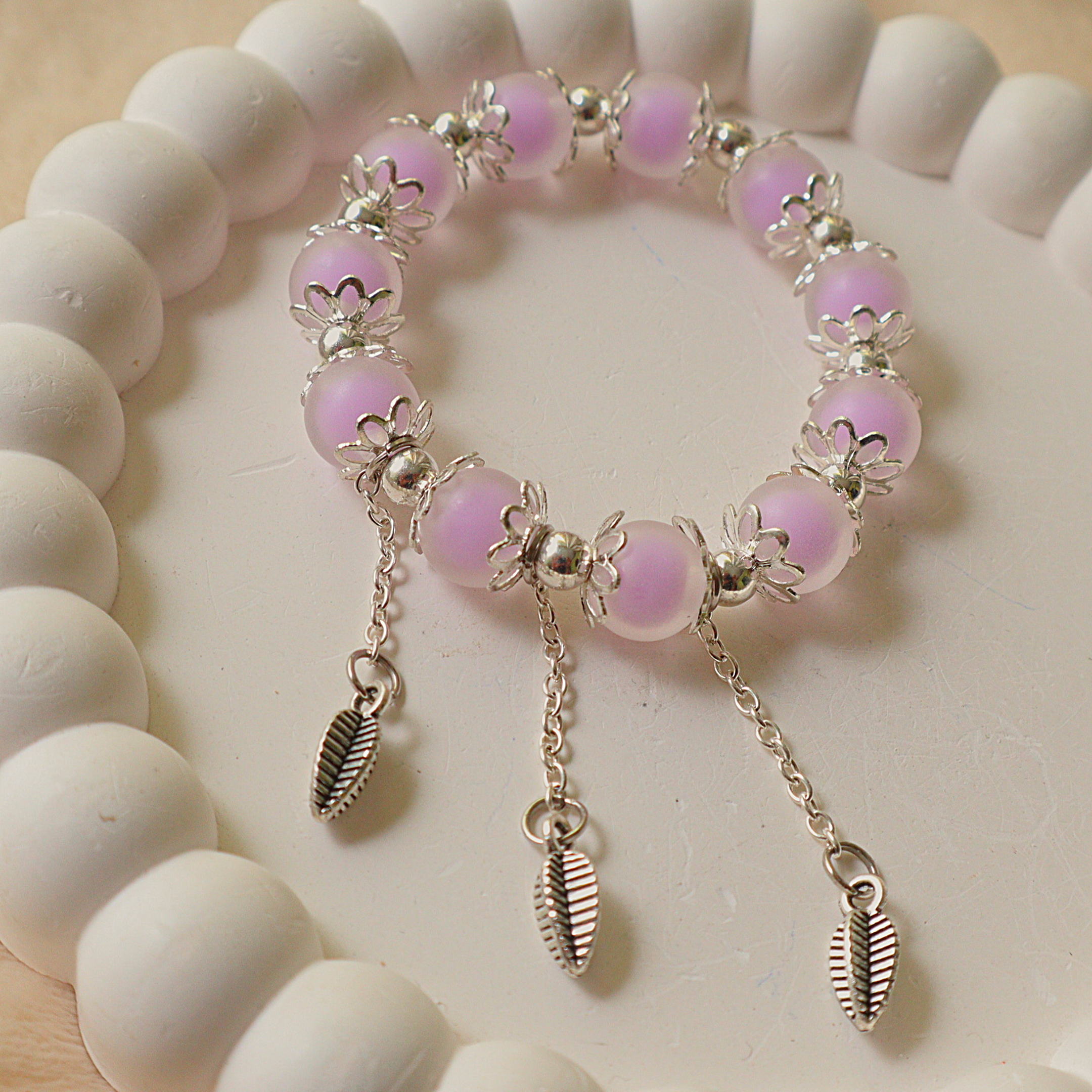 Handmade Frosted Lavender Glass Bead Bracelet with Silver Leaf Charms