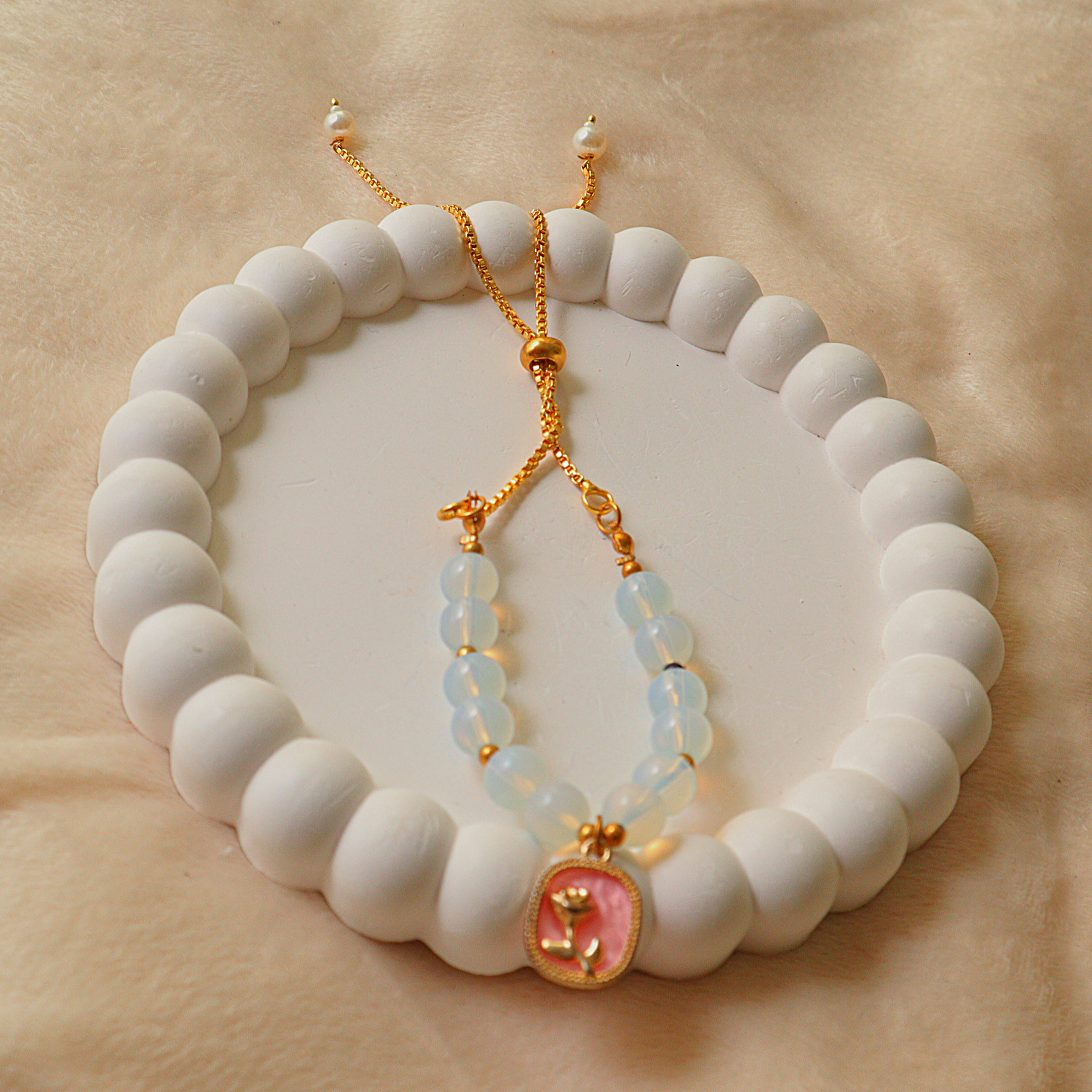 Handmade Opalite Glass Bead Adjustable Bracelet with Gold Rose Cameo Charm
