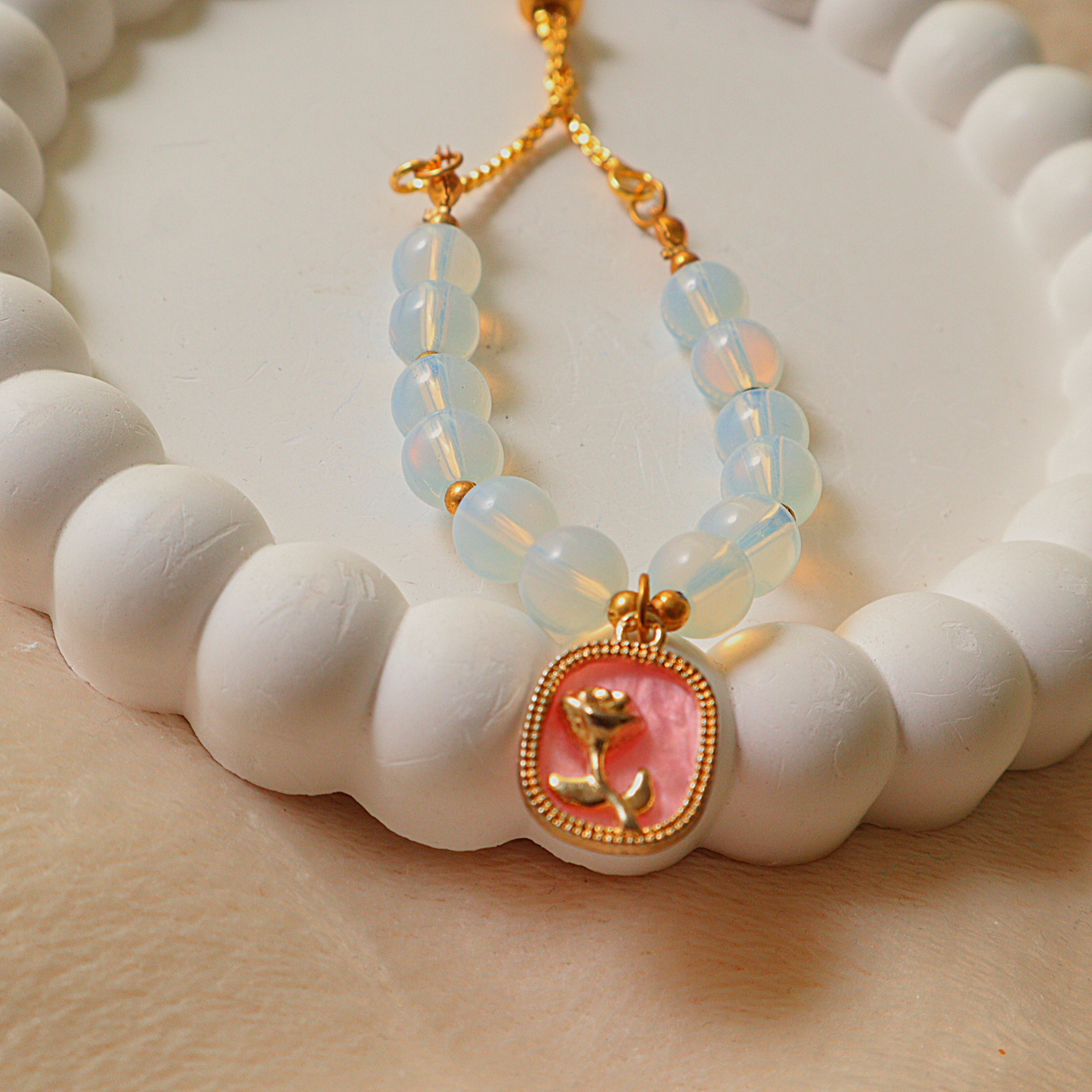 Handmade Opalite Glass Bead Adjustable Bracelet with Gold Rose Cameo Charm