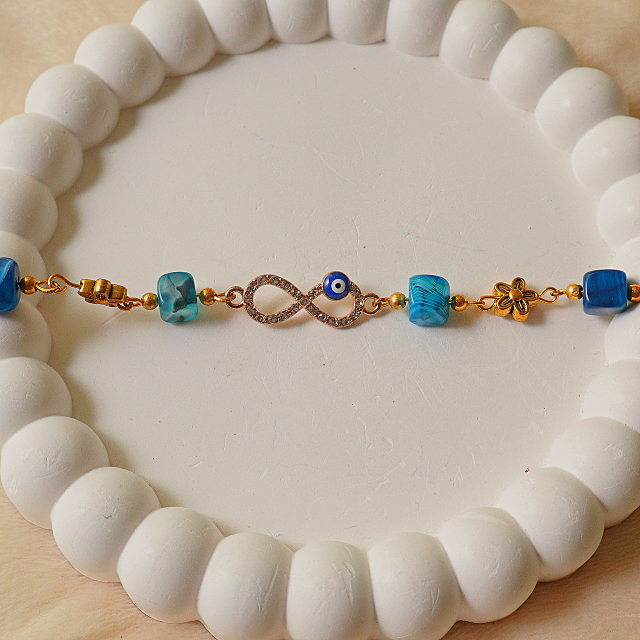 Rhinestone Infinity & Blue Evil Eye Bracelet with Marbled Square Glass Beads