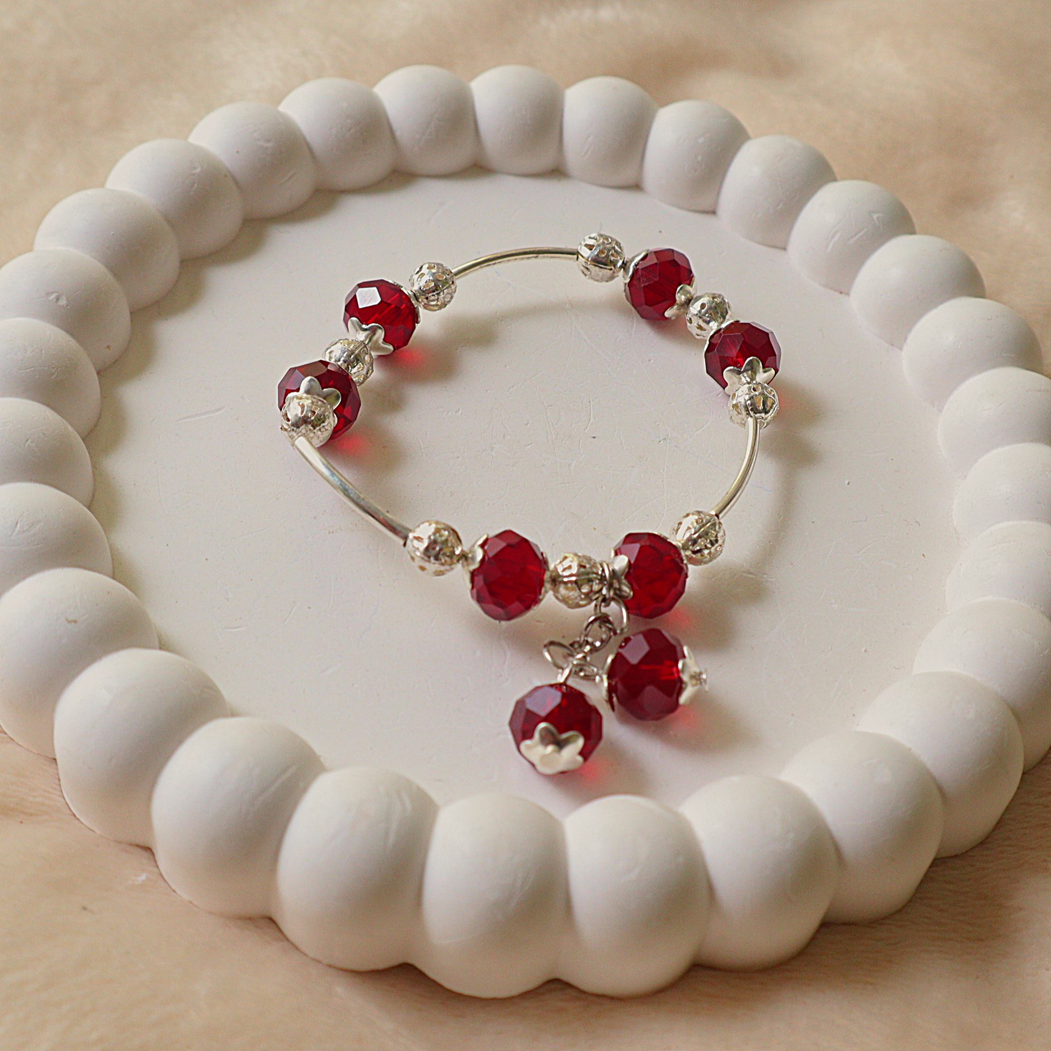 Handmade Ruby Red Faceted Crystal Glass Cuff Bracelet with Silver Accents