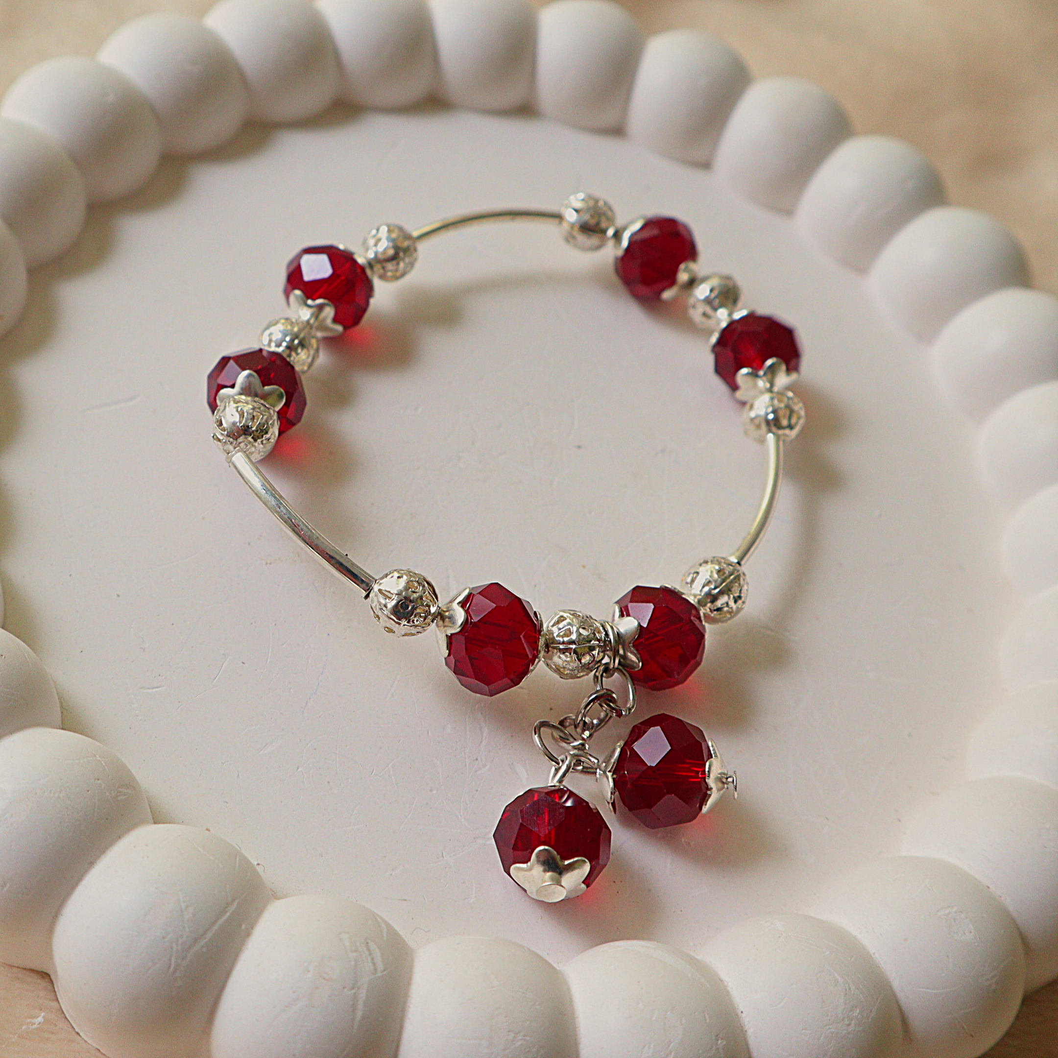 Handmade Ruby Red Faceted Crystal Glass Cuff Bracelet with Silver Accents