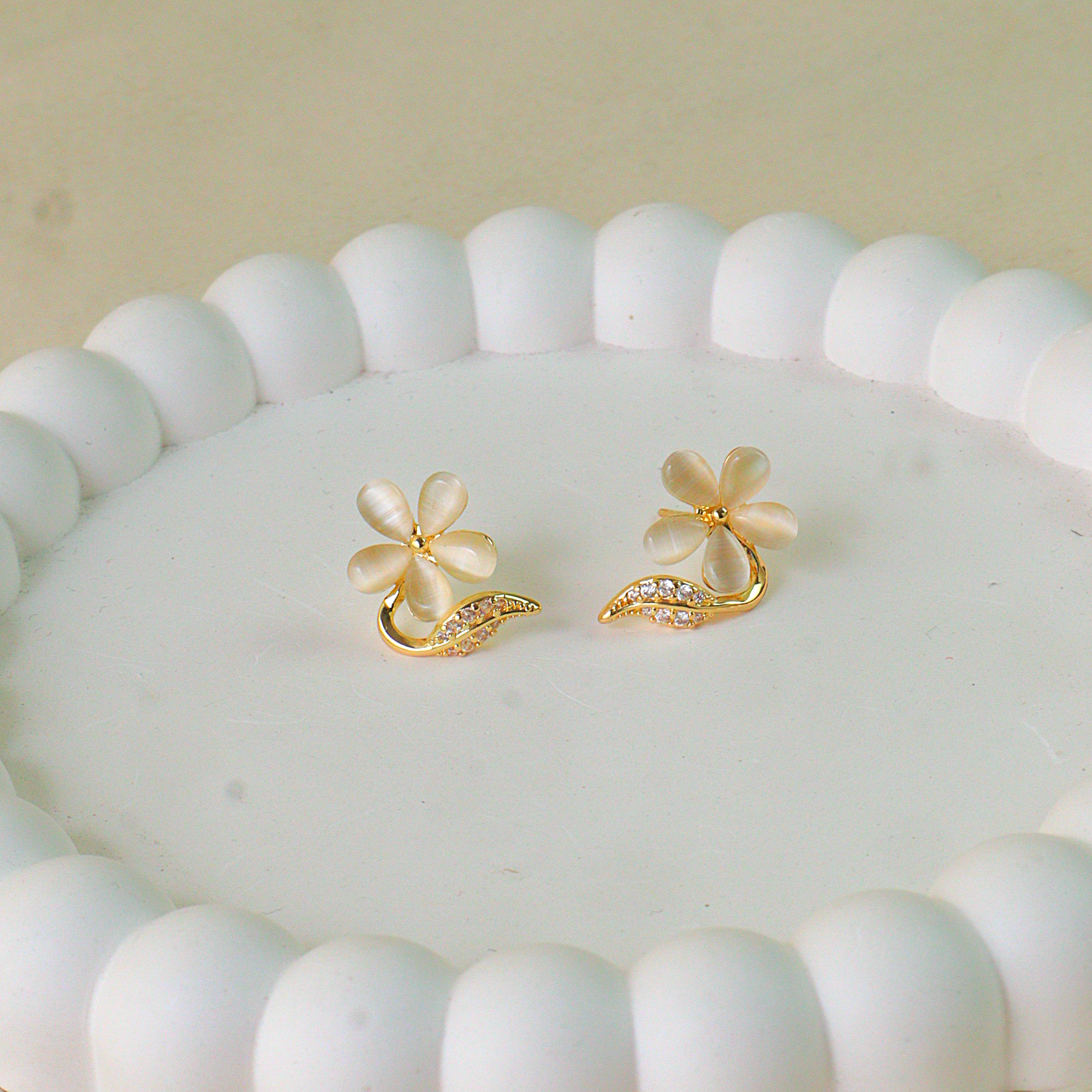 Dainty Opal-Style Blossom Earrings with CZ Leaf- Anti Tarnish Earrings